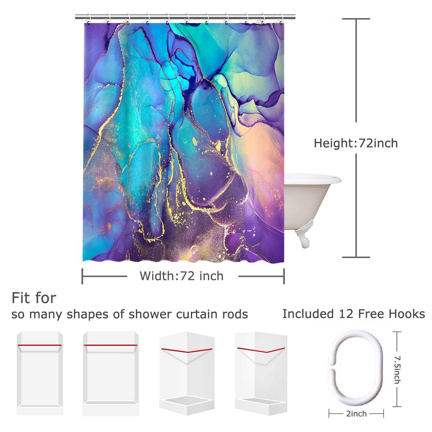 RosieLily Purple?arble?hower Curtain ?lue?bstract?athroom?urtain  Colorful?mbre Shower Curtains Set with 12 Hooks ?ink and Gold?athroom Decor ?2''x72''