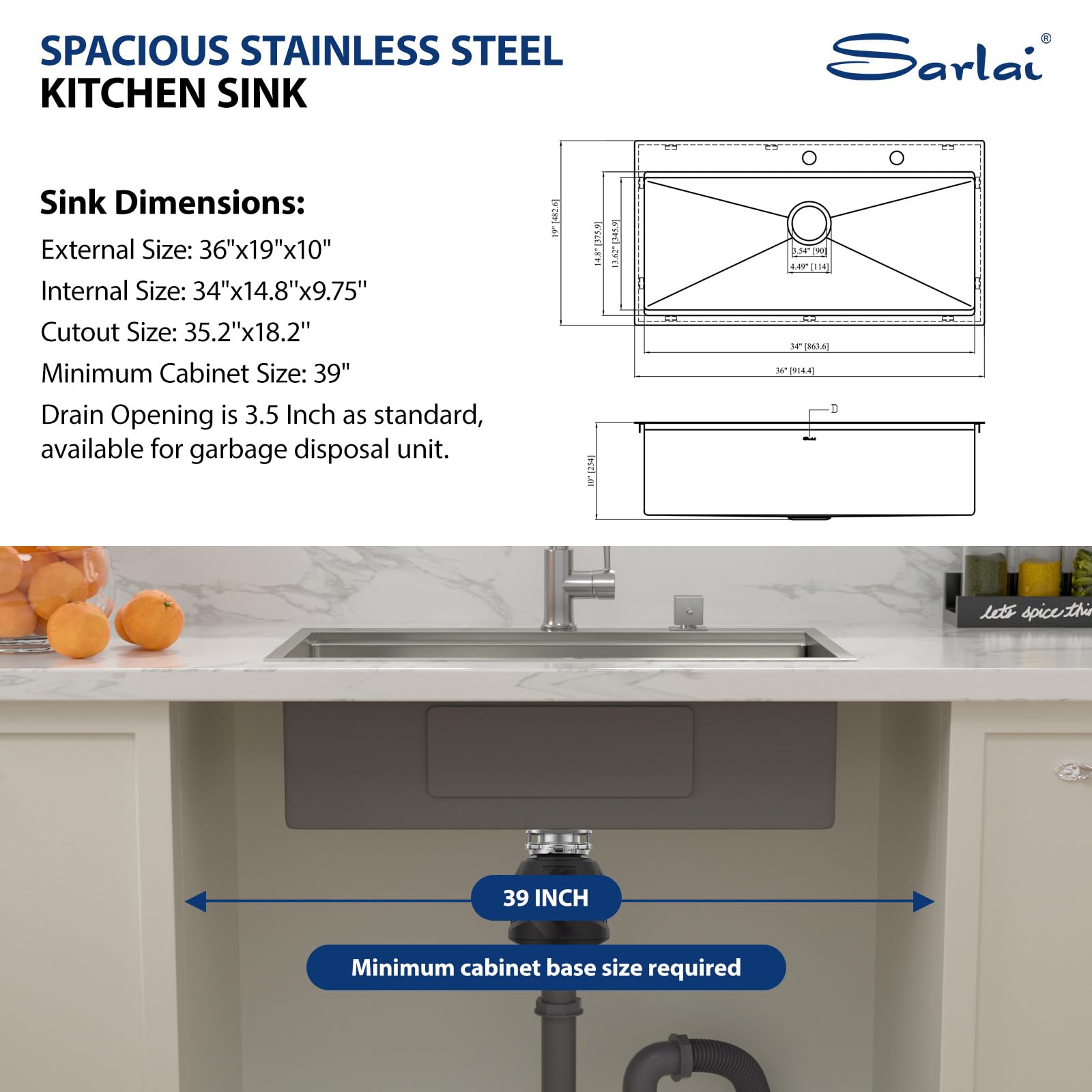 Sarlai 36 Drop In Kitchen Sink Workstation - 36X19 Kitchen Sink Drop In Stainless Steel Workstation Sink 16 Gauge Single Bowl De