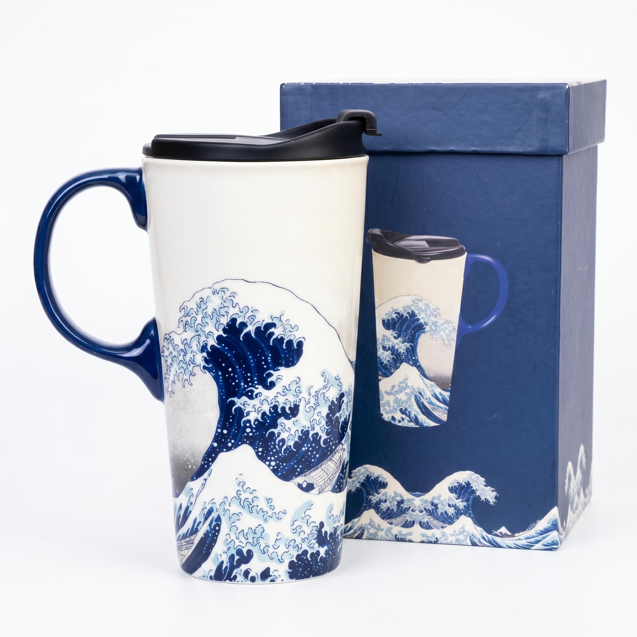 Topadorn 17oz Ceramic Travel Mug with Lid, Great Wave Coffee Mug
