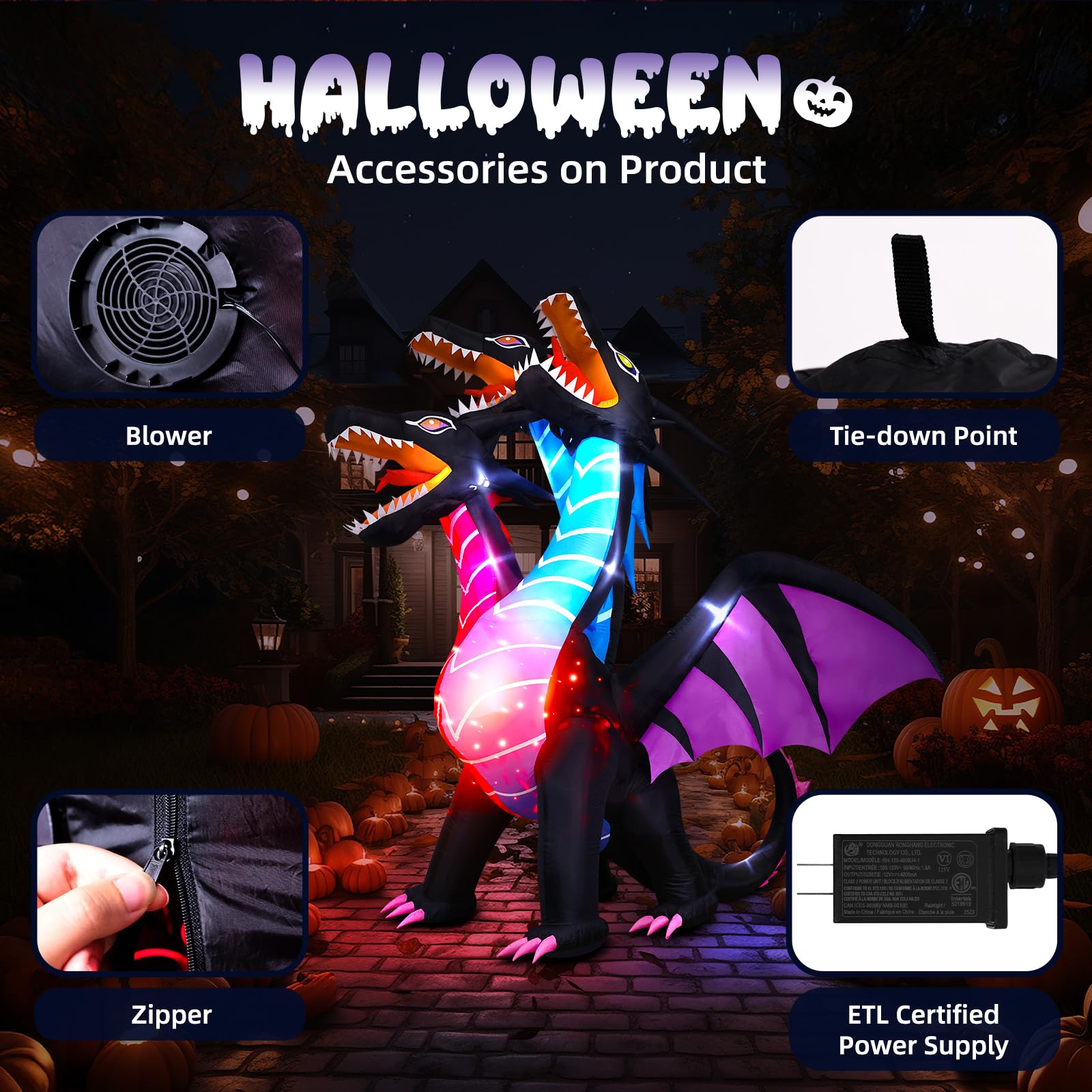 Thuodo 8 FT Tall Halloween Inflatables Dragon Outdoor Decorations Blow Up Yard Three-Headed Dragon with Built-in LEDs for Lawn G