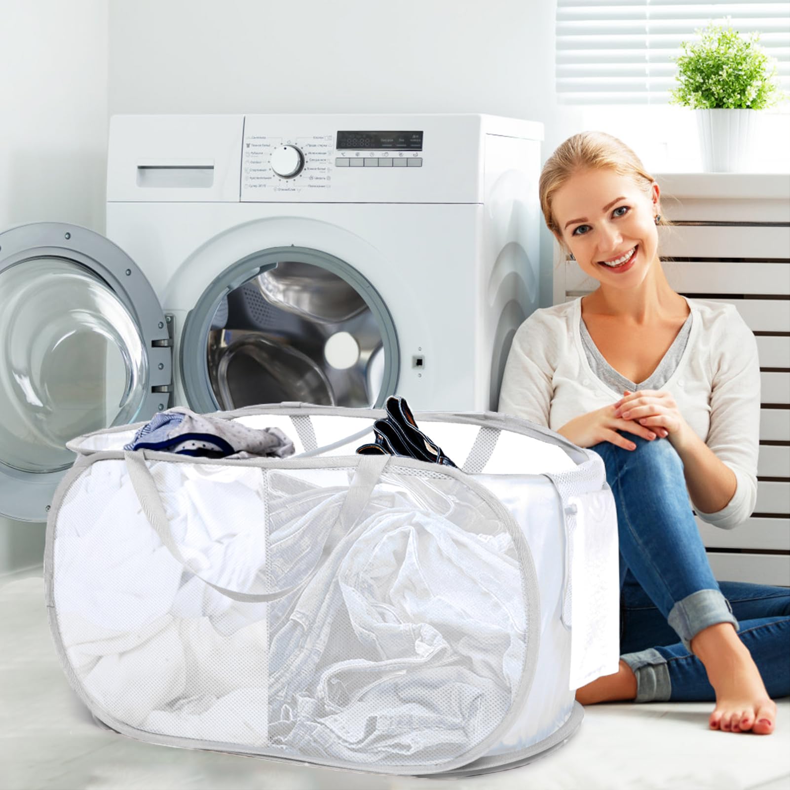 Durable Collapsible Laundry Baskets, Foldable Mesh Pop Up Laundry Basket, 2 Compartments Laundry Hamper, Easy To Carry & Sort Cl