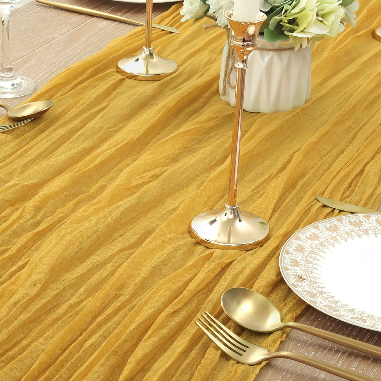 Socomi Gold Yellow Table Runner Spring Easter Cheesecloth Table Runner 170 Inch Cheese Cloth Runner 14Ft Boho Rustic Gauze Table