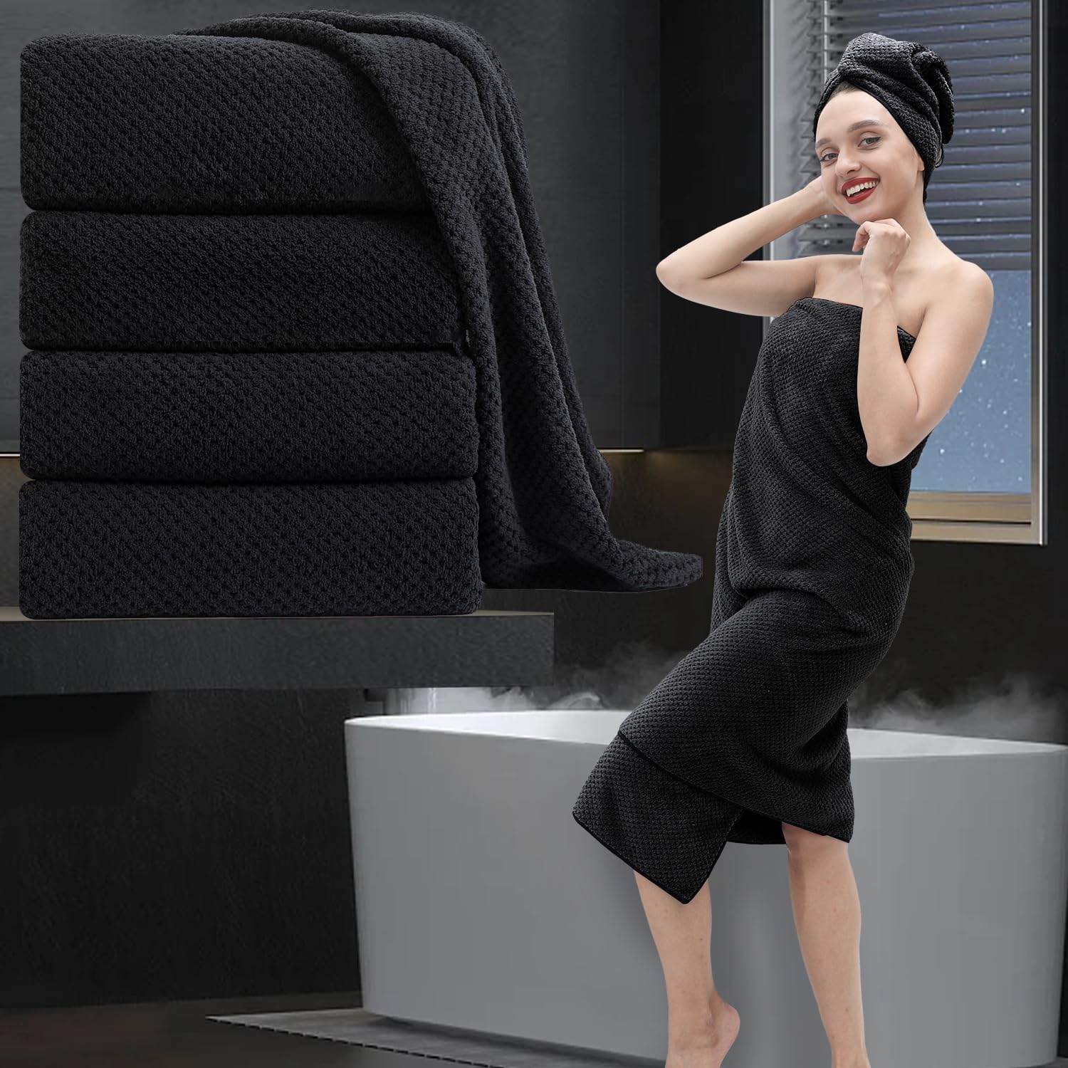 Bathroom Towel Set Black 4Pack-35X70 Towel,600Gsm Ultra Soft Microfibers Bath Towel Set Extra Large Plush Bath Sheet Towel,Highl