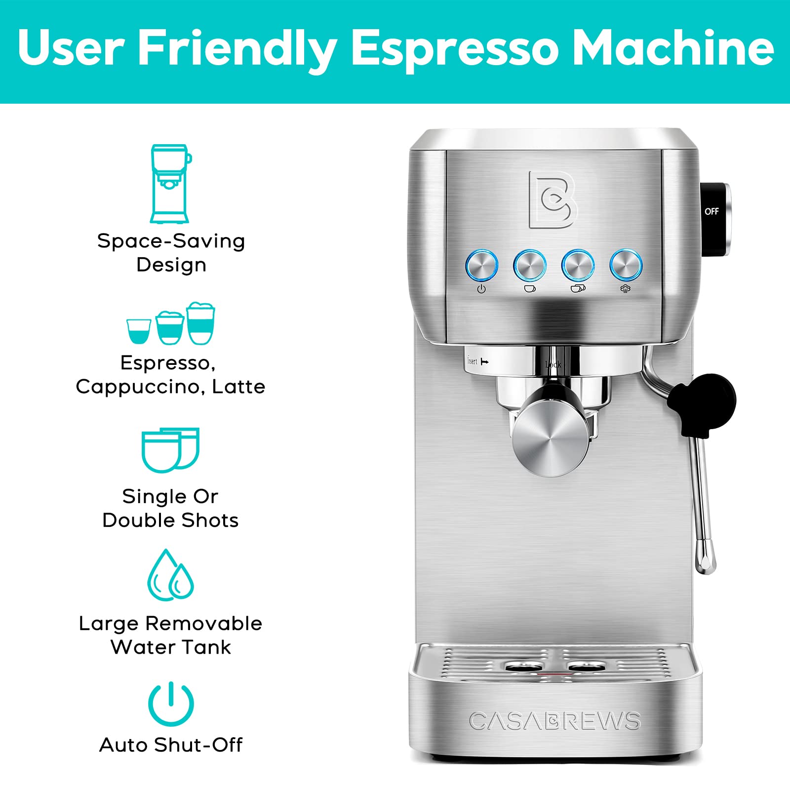 CASABREWS Espresso Machine 20 Bar  Professional Espresso Maker Cappuccino Machine with Steam Milk Frother  Stainless Steel Espresso Coffee Machine with 49oz Removable Water Tank  Gift for Dad Mom