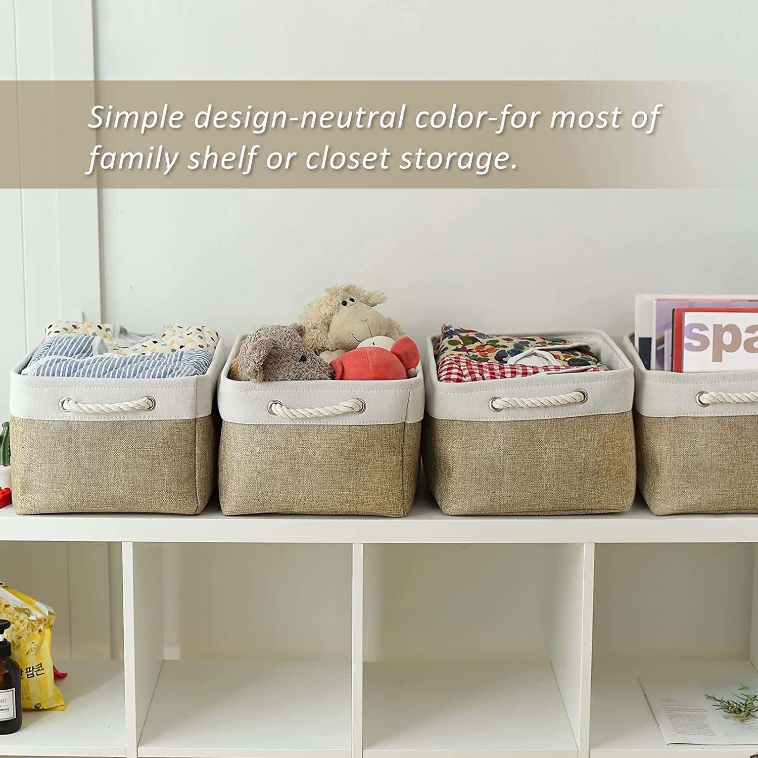 TcaFmac Storage Basket for Organizing - Large 4 Pack Fabric Storage Bins Baskets for Shelves  Foldable Storage Cubes for Closet Cloth Toy Box Gift Organizer(White & Khaki16x12x8 inch)