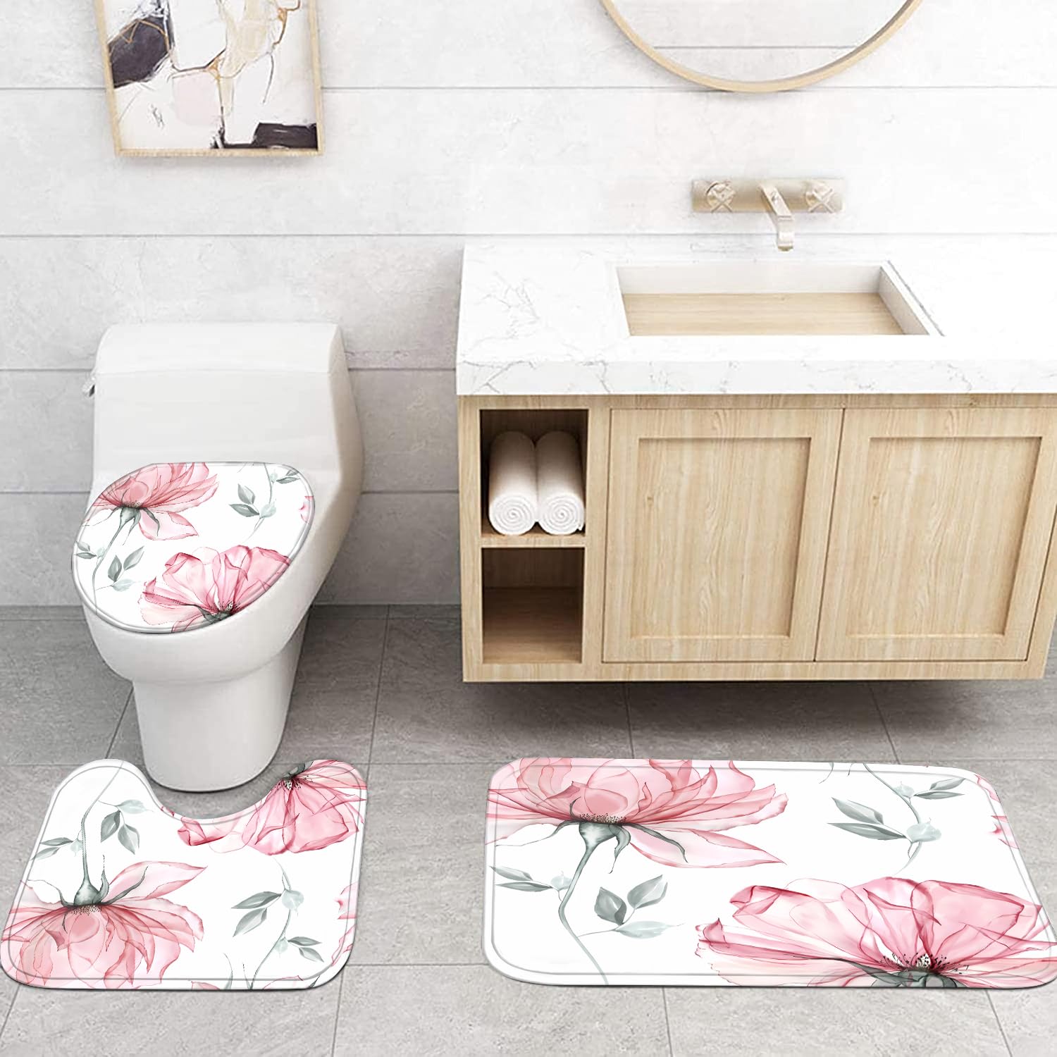Pretyw 4-Piece Pink Flowers Shower Curtain Set Floral Leaves Bathroom Set With Shower Curtain And Rugs, Pink White Minimalist Ba