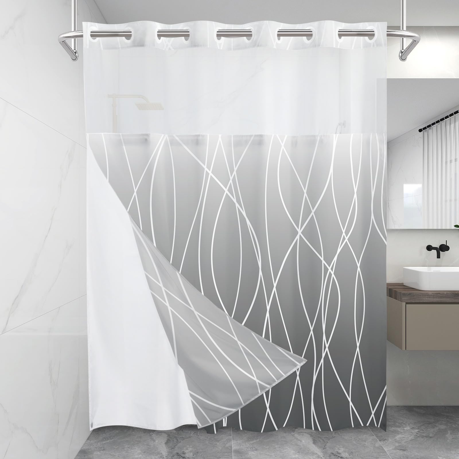Lxbni No Hook Ombre Grey Striped Shower Curtain With Snap In Fabric Liner Set - Hotel Shower Curtain And Liner Set With See Thro