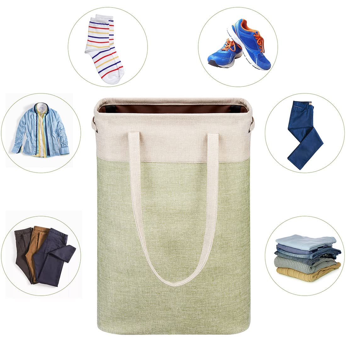 i BKGOO Laundry Basket with Handles Beige&Green Slim Laundry Bin Collapsible Dirty Clothes Basket Narrow Laundry Bag Foldable Dirty Hamper for Camping  Dorms  Apartments
