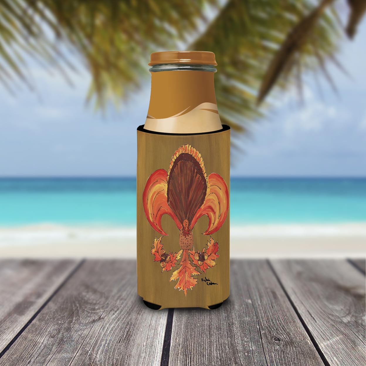 Thanksgiving Turkey and Fall Leaves Fleur de lis Ultra Beverage Insulators for slim cans 8184MUK