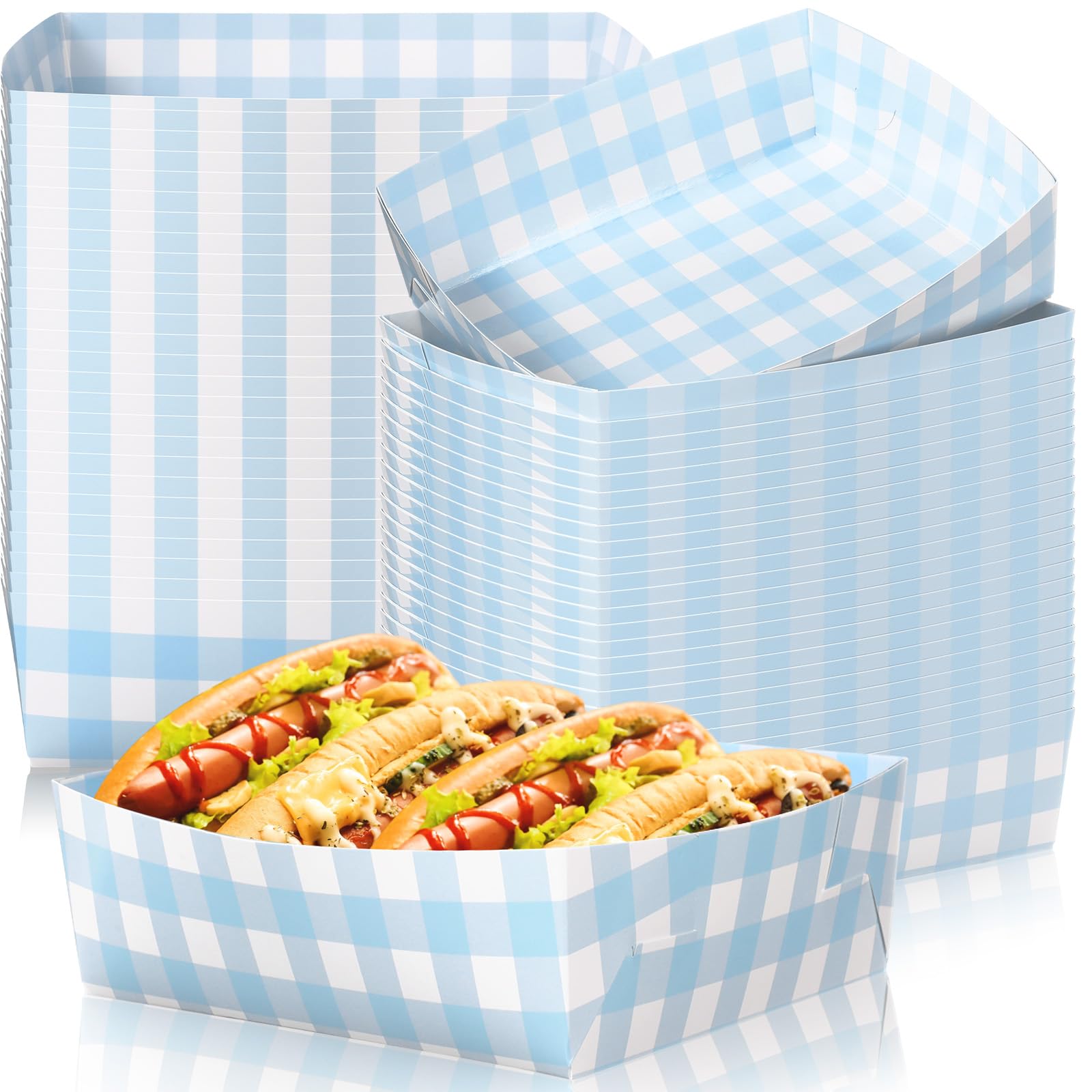 Suclain 48 Pack Light Blue and White Gingham Paper Trays 5 lb Grease Resistant Large Snack Serving Trays Disposable Food Boats f