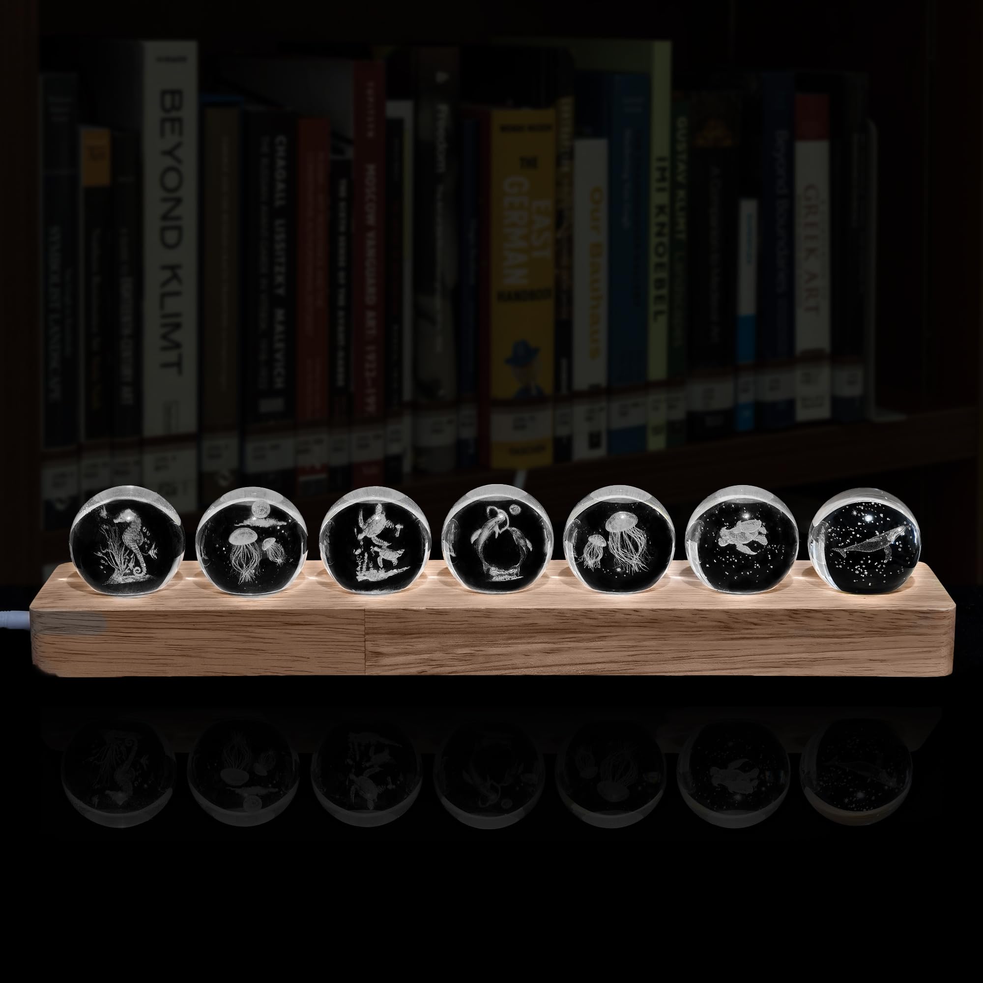 vskikris 3D Crystal Laser Ocean Light Up Decorative Balls with LED Wooden Base - 7 Glass Laser Balls, Night Light Decoration for