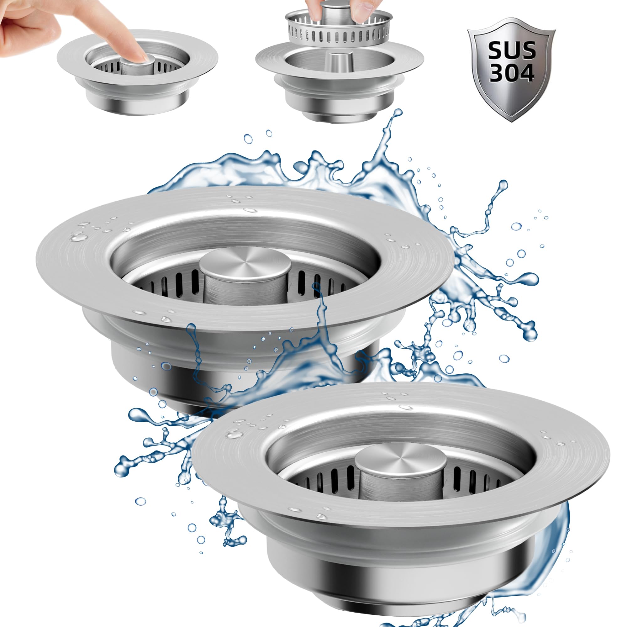 Ninjatiger Kitchen Sink Drain Strainer - 2 Pack 3-In-1 Stainless Steel Pop Up Sink Stopper Sink Strainer Basket Sink Stopper Fil