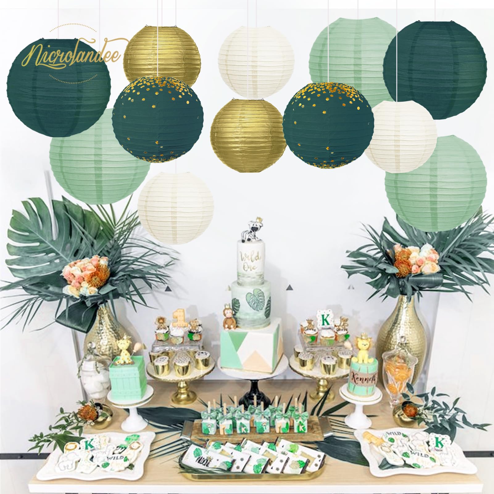 NICROLANDEE Wedding Party Decorations - 12Pcs Green Gold Hanging Paper Lanterns for Rustic Style Spring Decor Bridal Shower Baby Shower Birthday Eucalyptus Neutral Party Decor (Forest Green)