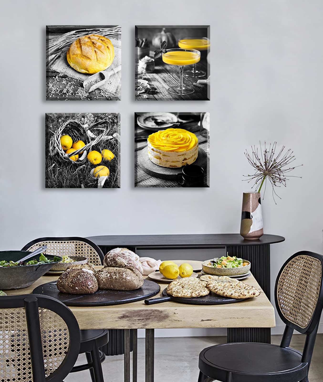DJSYLIFE Kitchen Wall Decor Black and White Yellow Wall Art Bread Cake Fruit Picture Canvas Print Paintings for Cafe Dining Room Restaurant Farmhouse Kitchen Decoration 12'' Wx12 Hx4
