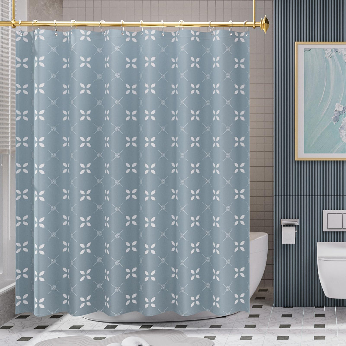 Amazerbath Shower Curtain Blue, Cloth Blue And White Floral Fabric Shower Curtain Sets With 12 Shower Curtain Hooks, Rustic Home