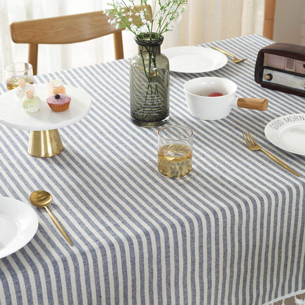 Amzali Stripe Tassel Table Cloth Cotton Linen Stain Resistant/Dust-Proof Tablecloth Cover For Kitchen Dinning Tabletop Decoratio