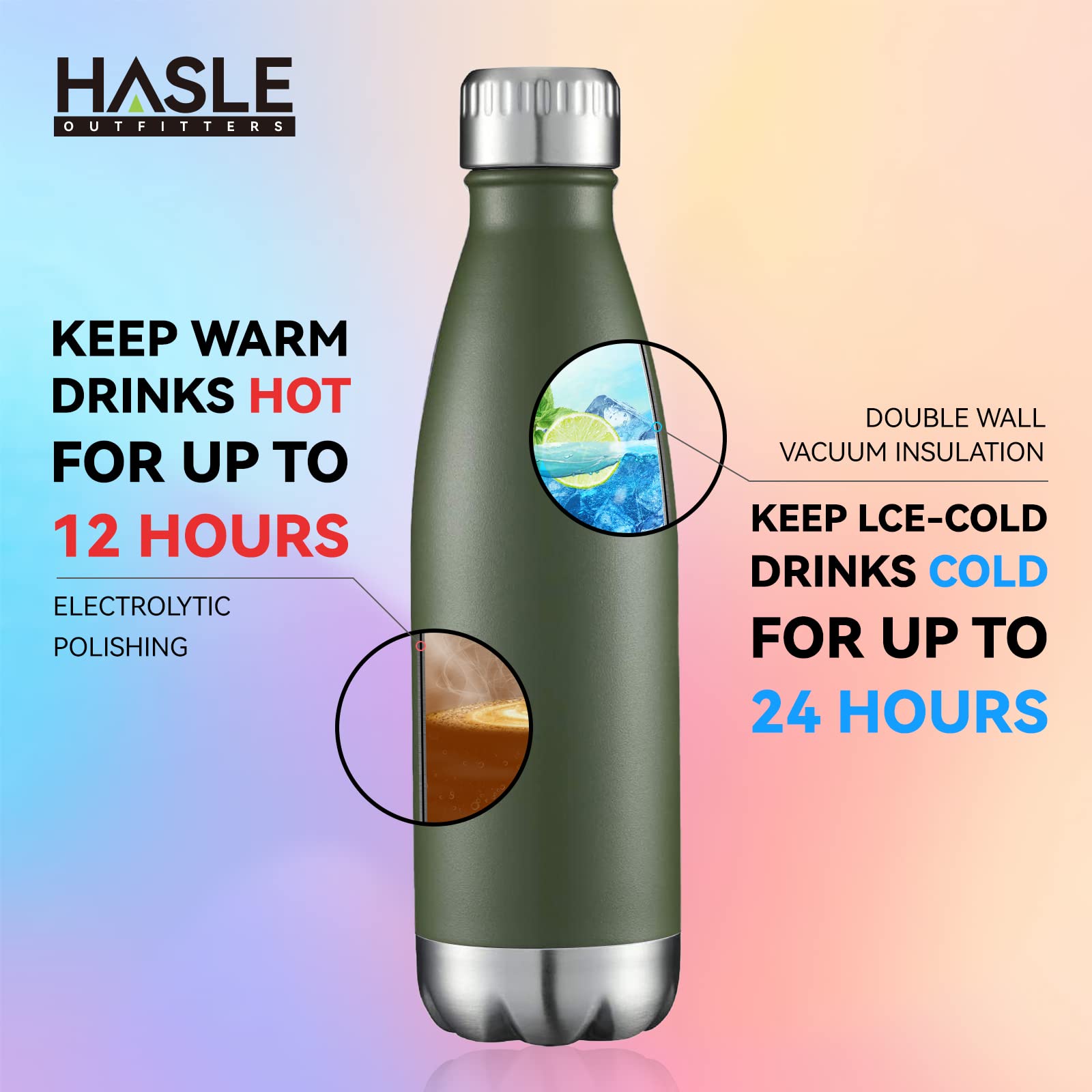 Hasle Outfitters 17Oz Stainless Steel Water Bottles, Vacuum Insulated Water Bottles Double Walled Powder Coated Reusable Metal S