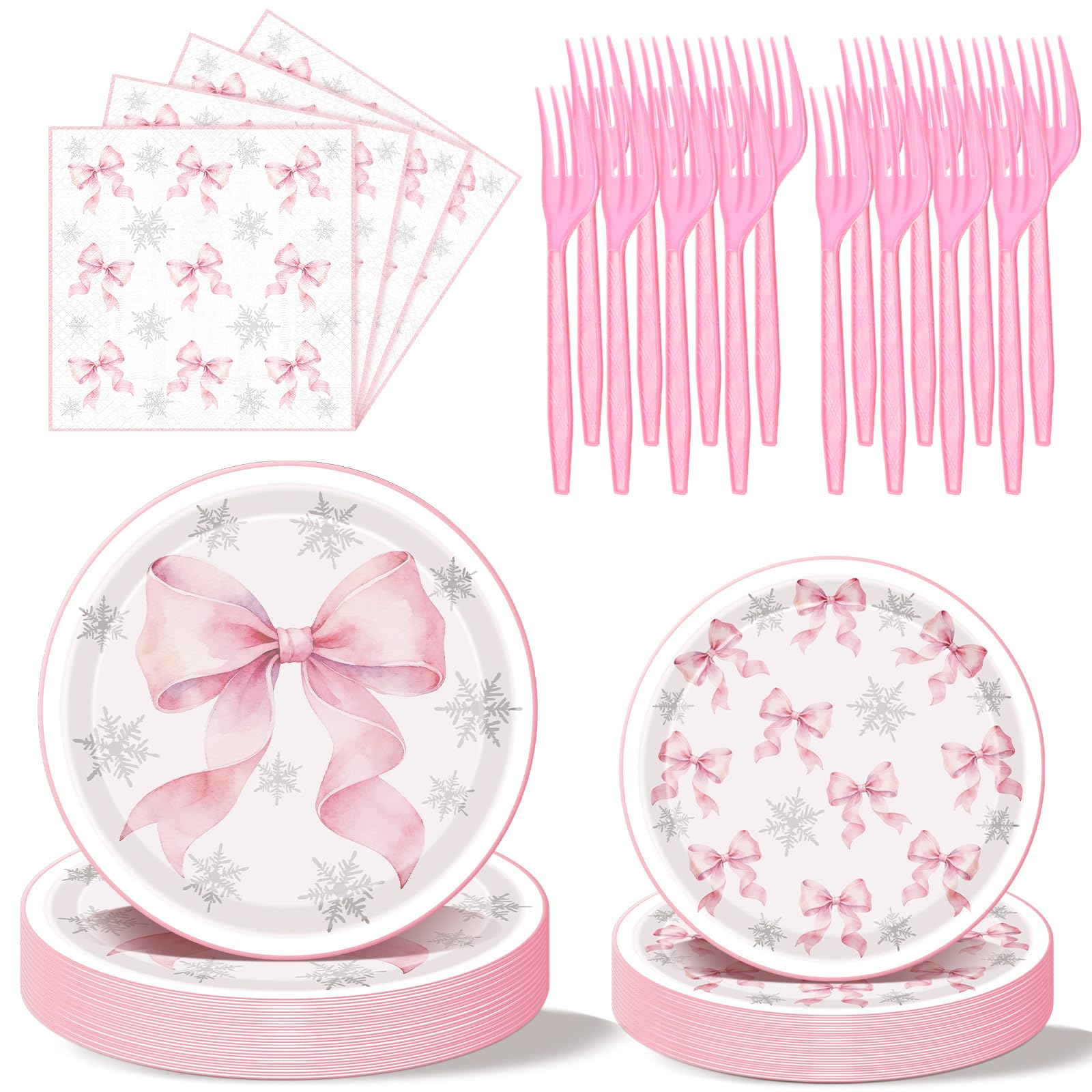 Havawish 96 Pcs Pink Bow Snowflake Paper Plates Christmas Plates and Napkins Winter Coquette Table Decoration Its Cold Outside 