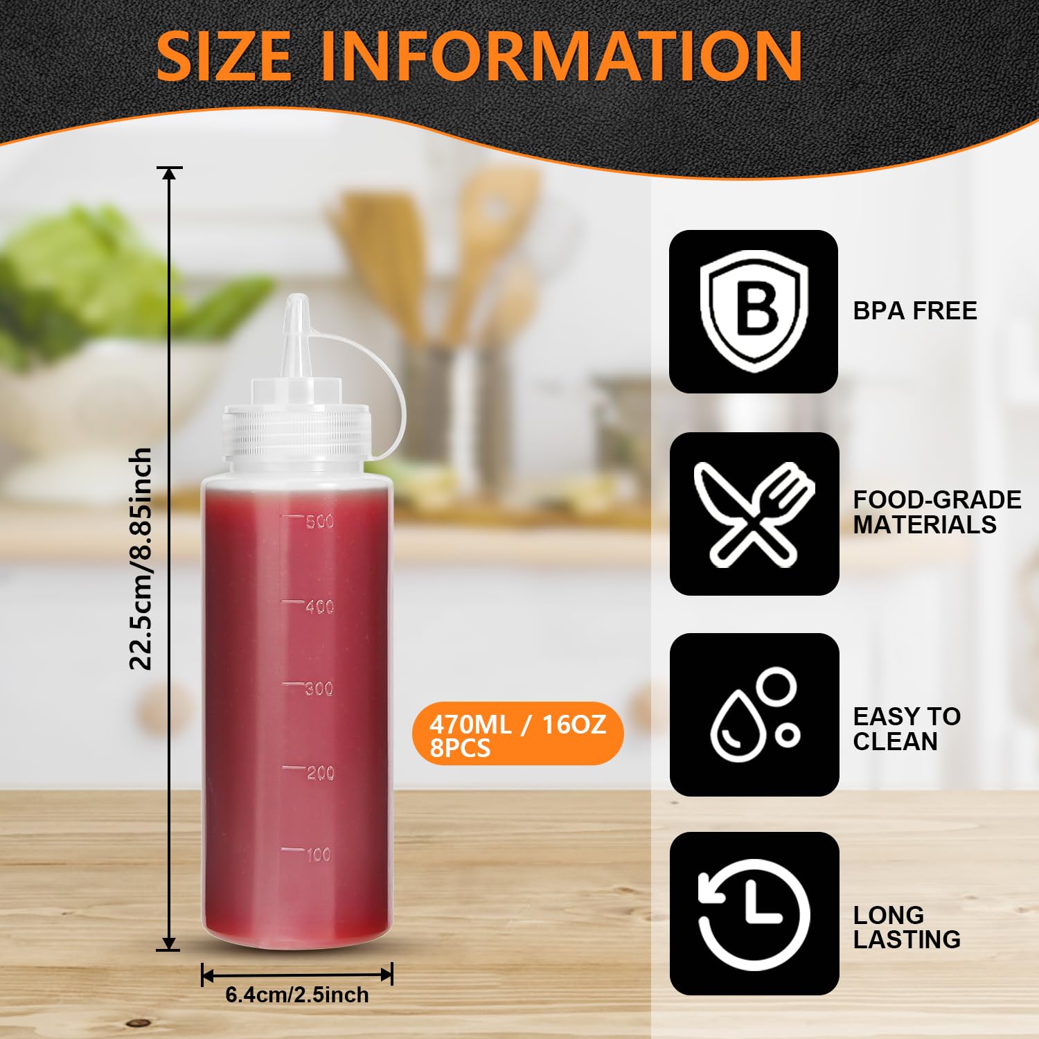 Oamceg 16Oz Condiment Squeeze Bottles - 8 Pack Durable Plastic Squeeze Squirt Bottle With Discrete Measurements, For Ketchup, Bb