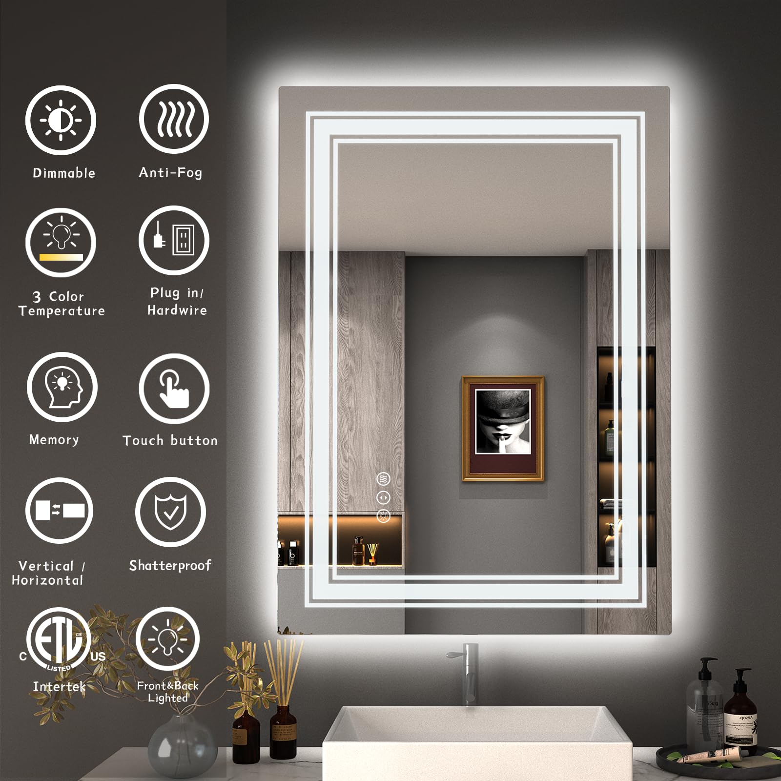 Golomo 24X36 Led Bathroom Mirror With Lights, Led Dimmable Vanity Mirror For Wall, Backlit And Front Lighted Mirror, Anti-Fog, S