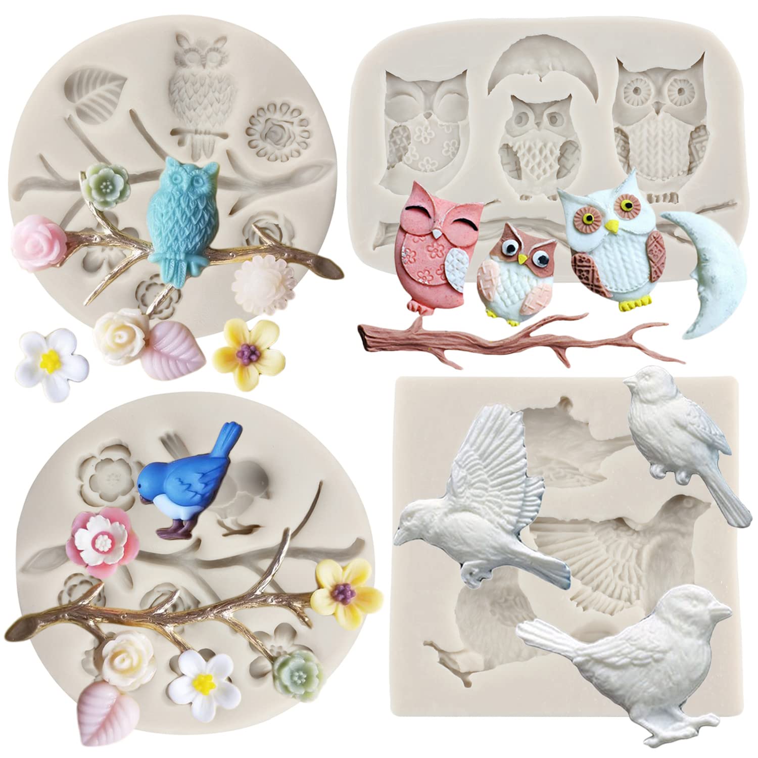 Sijiangmold Bird Silicone Molds Owls Tree Branch Fondant Mold Flower Leaves Silicone Molds For Cake Decorating Candy Chocolate G