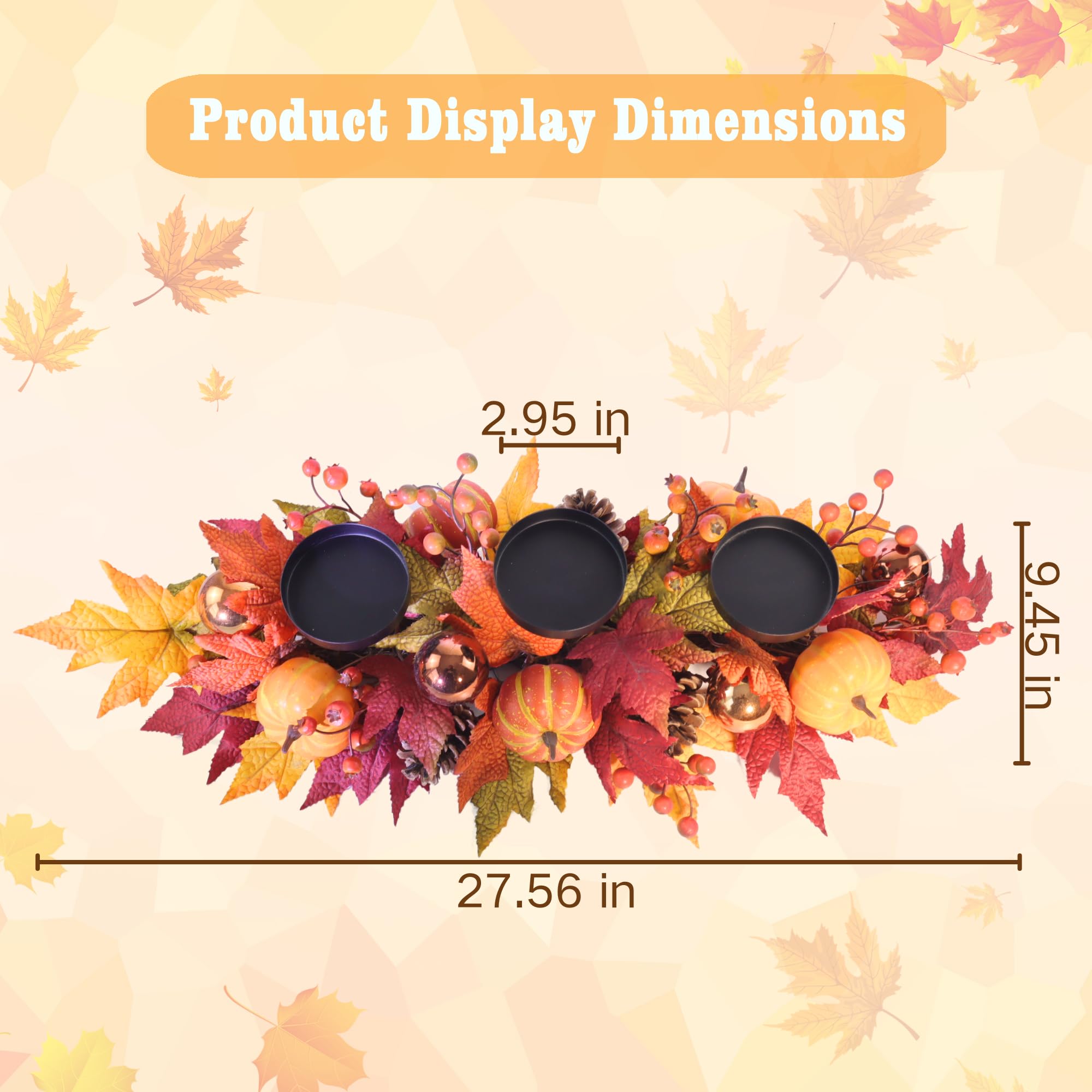 Fall Candle Holder Centerpiece for Table - Thanksgiving Table Decor with Pumpkins, Maple Leaves,Autumn Harvest Decoration with 3