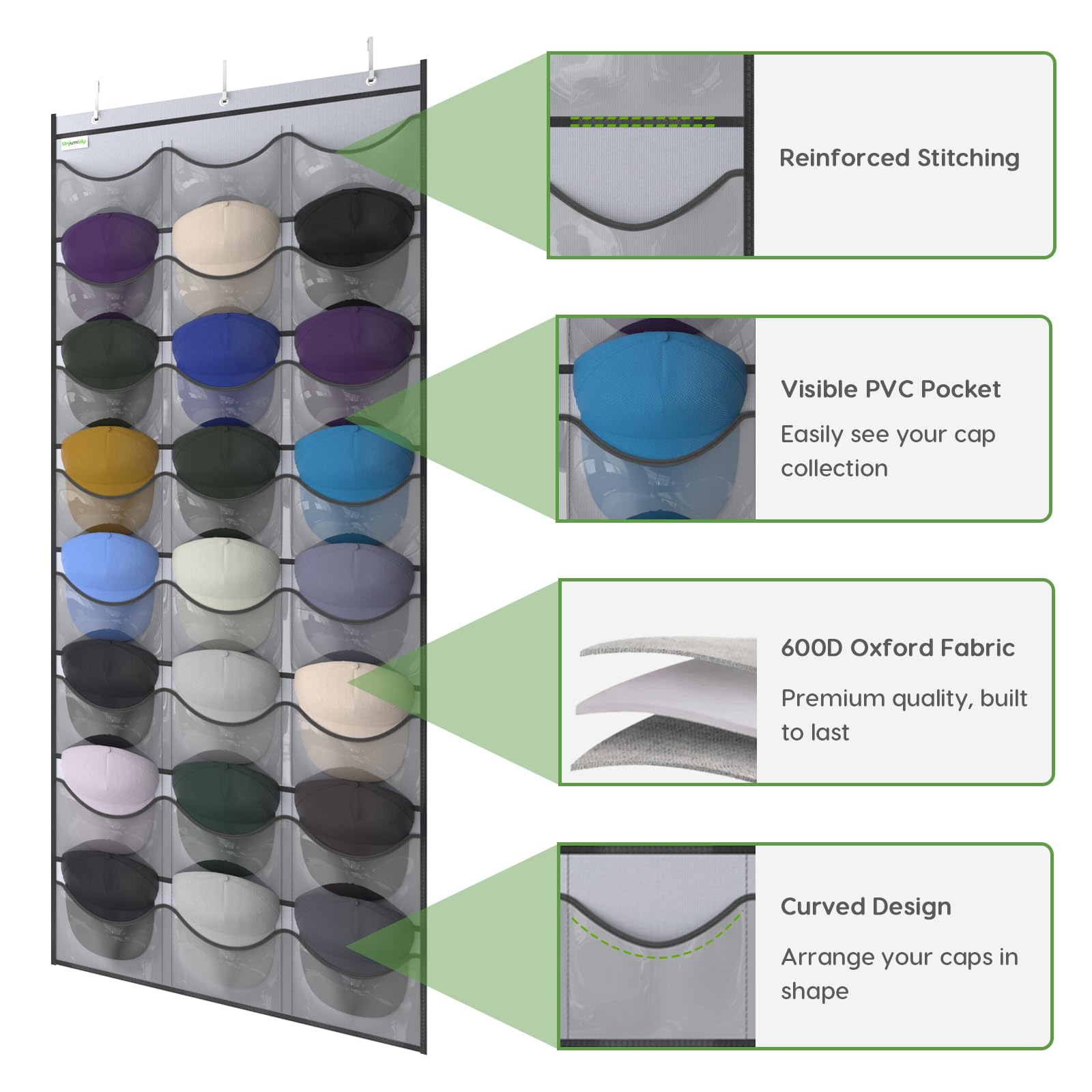 Unjumbly Over-The-Door Baseball Hat Rack, 24 Pocket Organizer, Grey Oxford 600D Fabric, Fits 1 3/8" & 1 3/4" Doors
