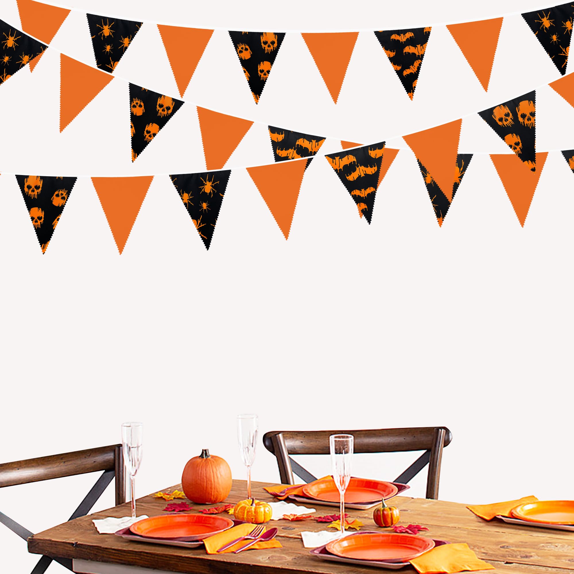 32Ft Orange Black Halloween Party Decorations Spider Skull Bats Fabric Pennant Banner Triangle Flag Bunting Garland Streamers Fo