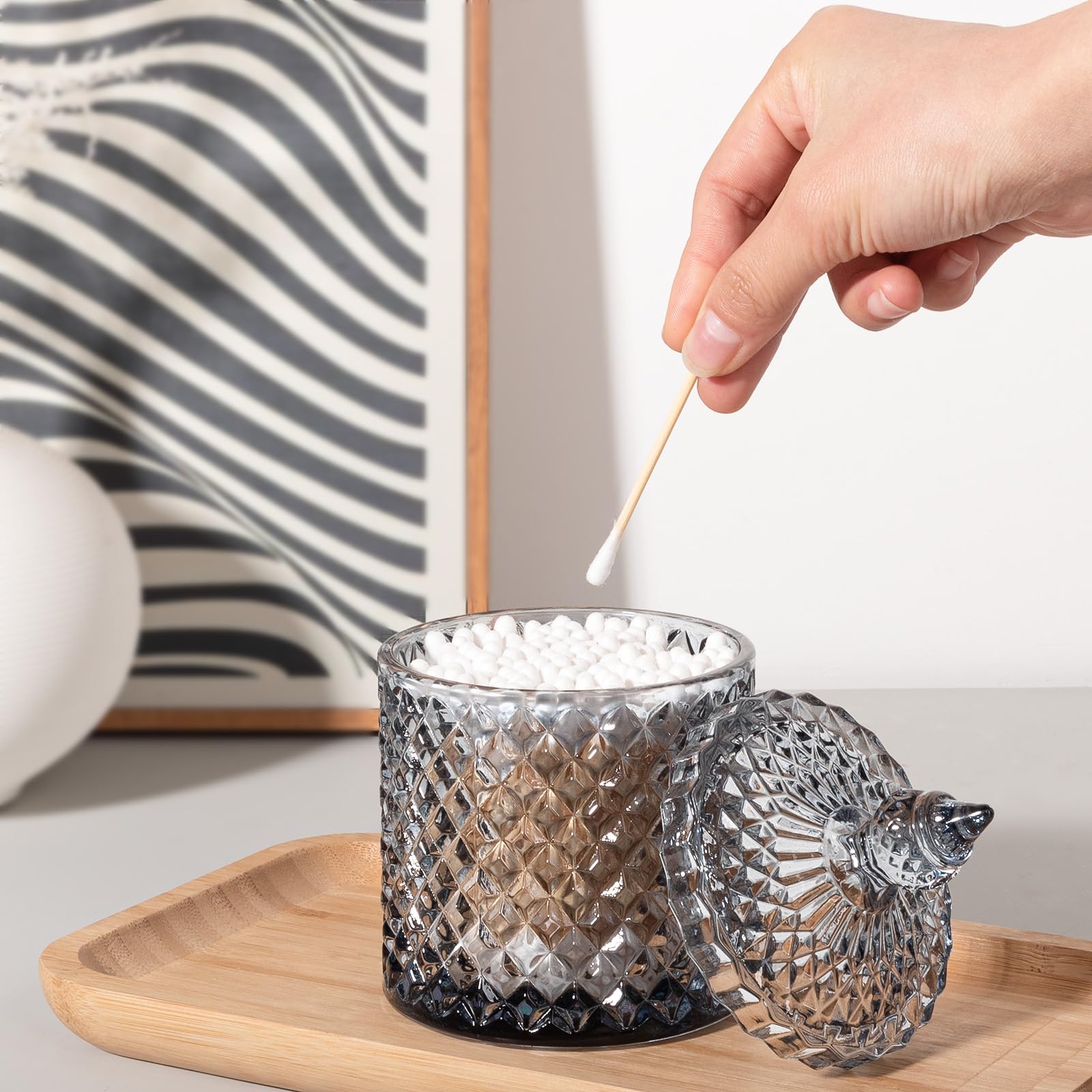 Rejomiik 2 Pack Qtip Holder Thick Glass Apothecary Jars With Lid For Bathroom Decor, Cotton Ball Storage Organizer For Cotton Sw