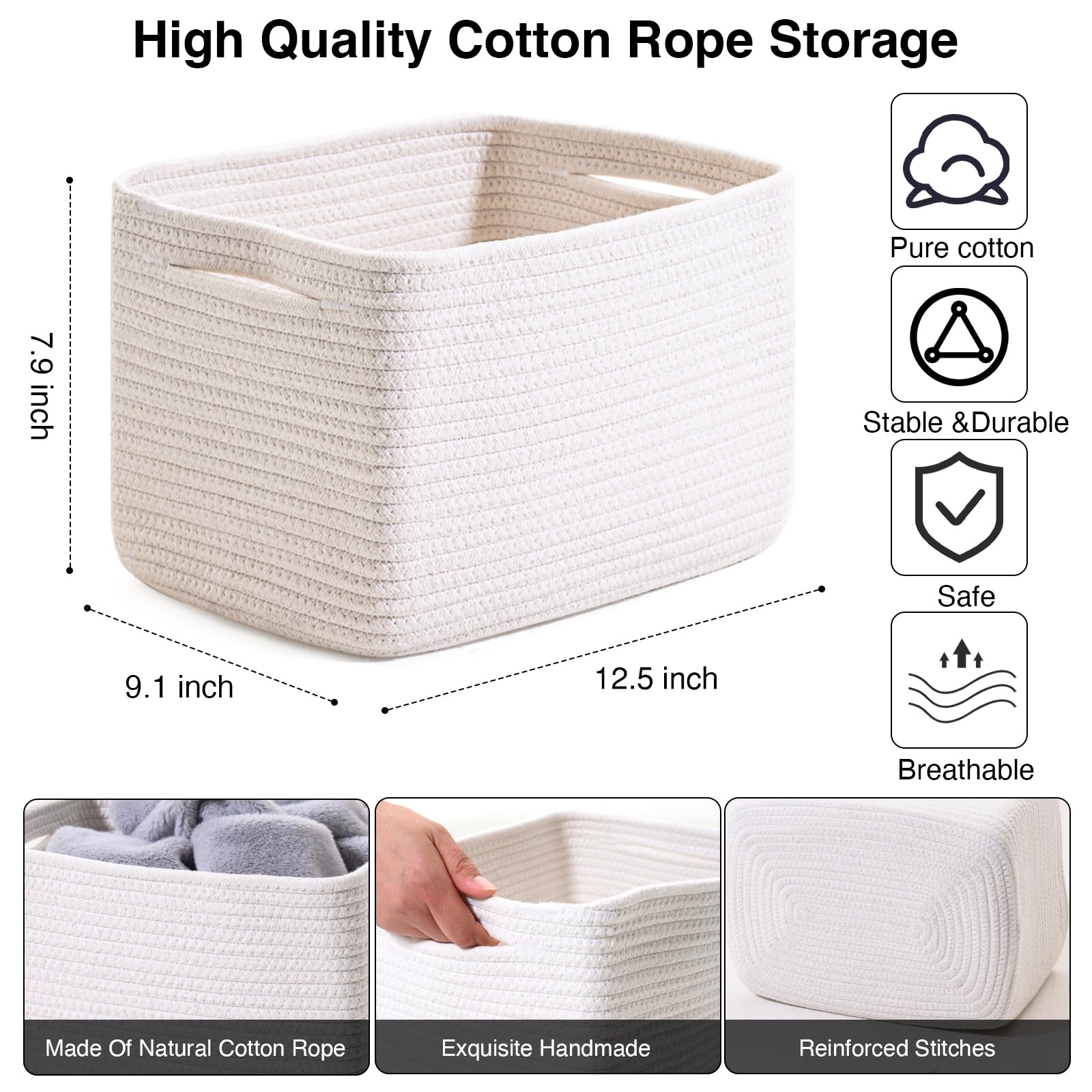Icerzcz Storage Baskets For Organizing, Woven Baskets For Storage, Storage Baskets Bin For Shelves, Cotton Rope Basket With Hand