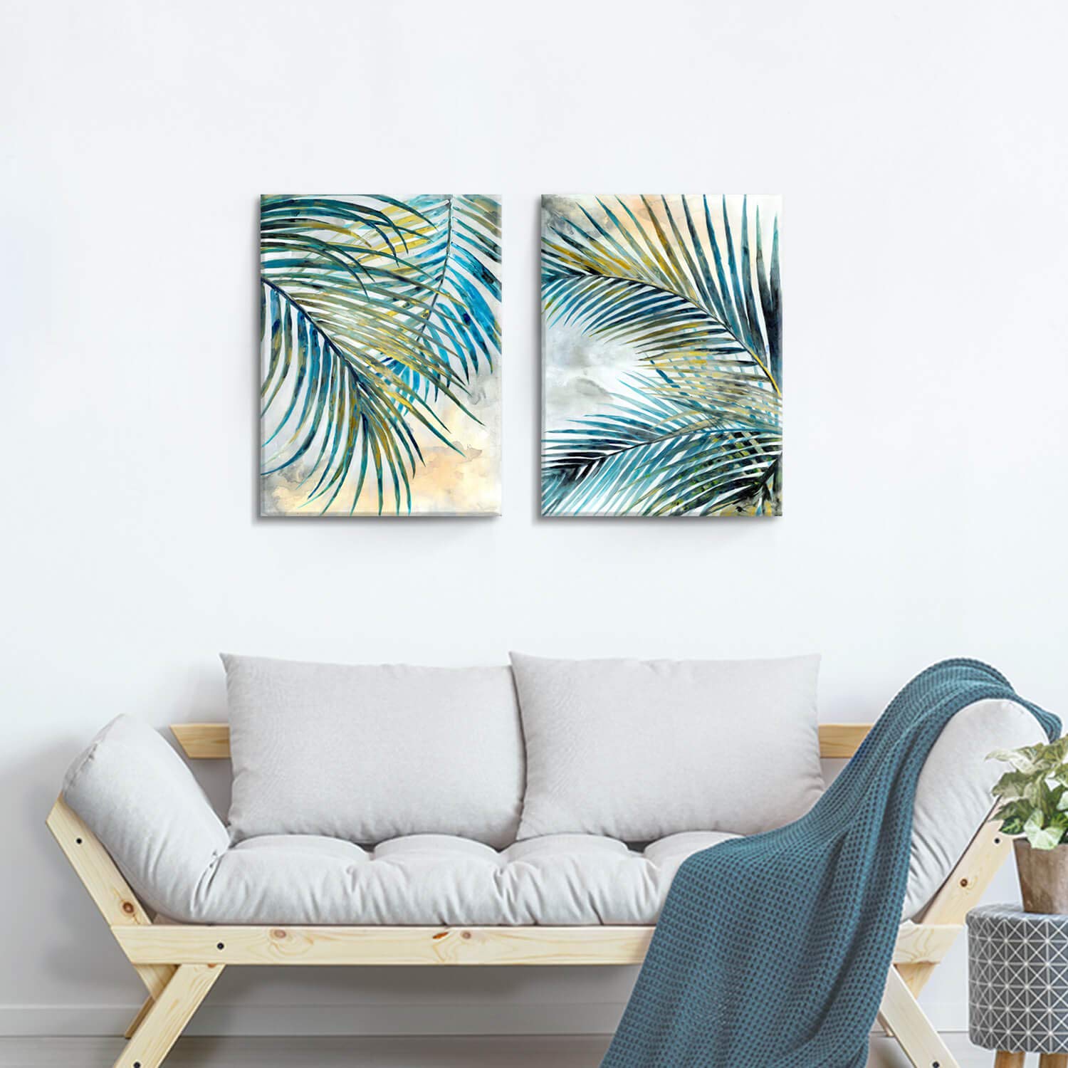 Artistic Path Palm Leaves Canvas Wall Art: Tropical Leaf Artwork Picture Painting For Bedroom (18 '' W X 24 '' H X 2 Pcs,Multi-S