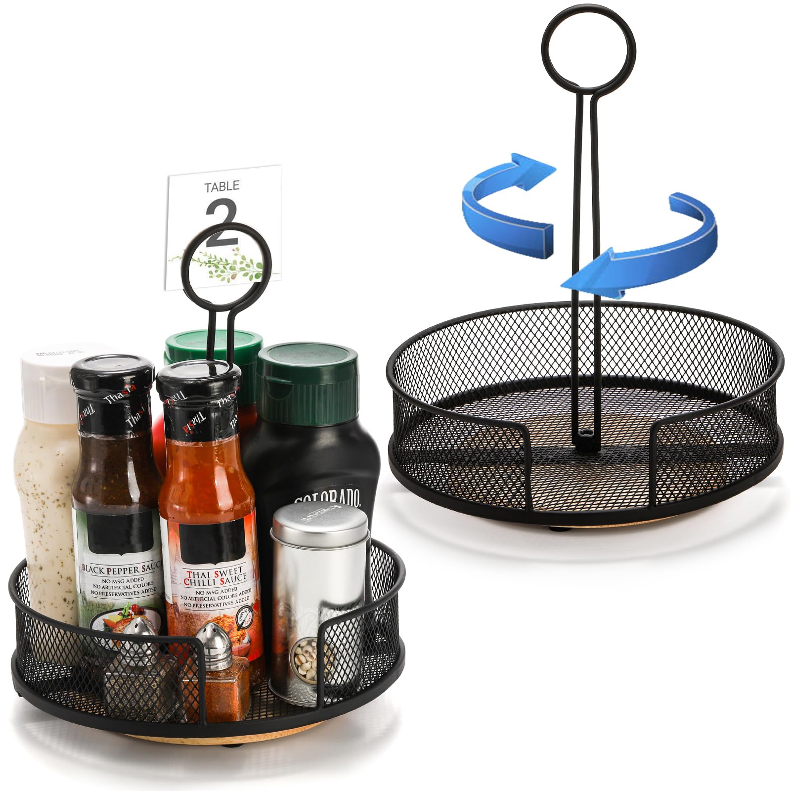 Yesland 2 Pack Metal Rotating Condiment Caddy With Number Card Holder, 7.75 Inch Round Table Caddy With Wooden Base Black Coated