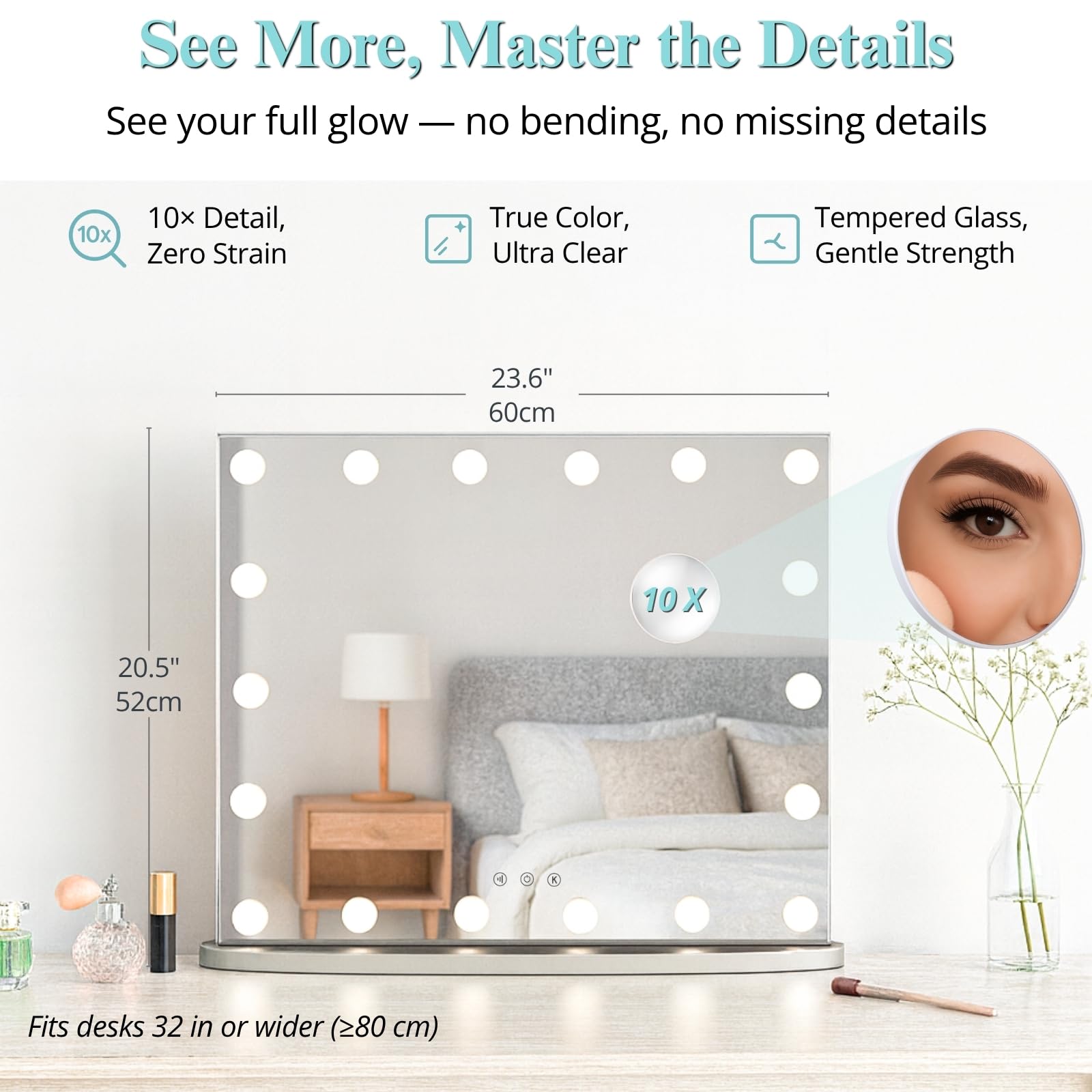 LUXFURNI Hollywood Vanity Mirror with Lights, 23.6  Light Up Makeup Mirror with 18 LED Bulbs for Bedroom, 3 Color Lighting Modes