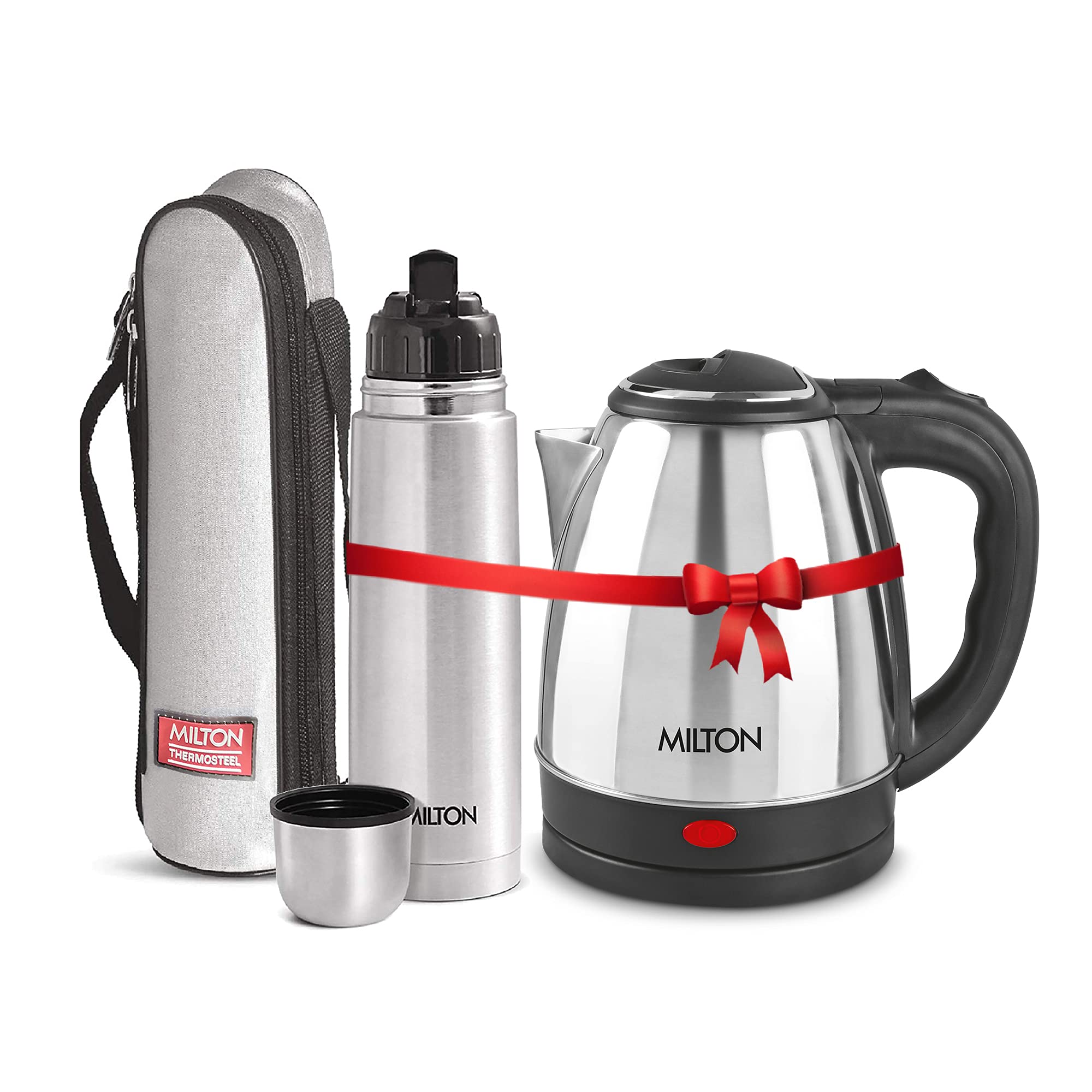 Milton Euroline Combo Set Go Electro Stainless Steel Electric Kettle, 1.2 Litres, Silver And Flip Lid Thermosteel Hot Or Cold St