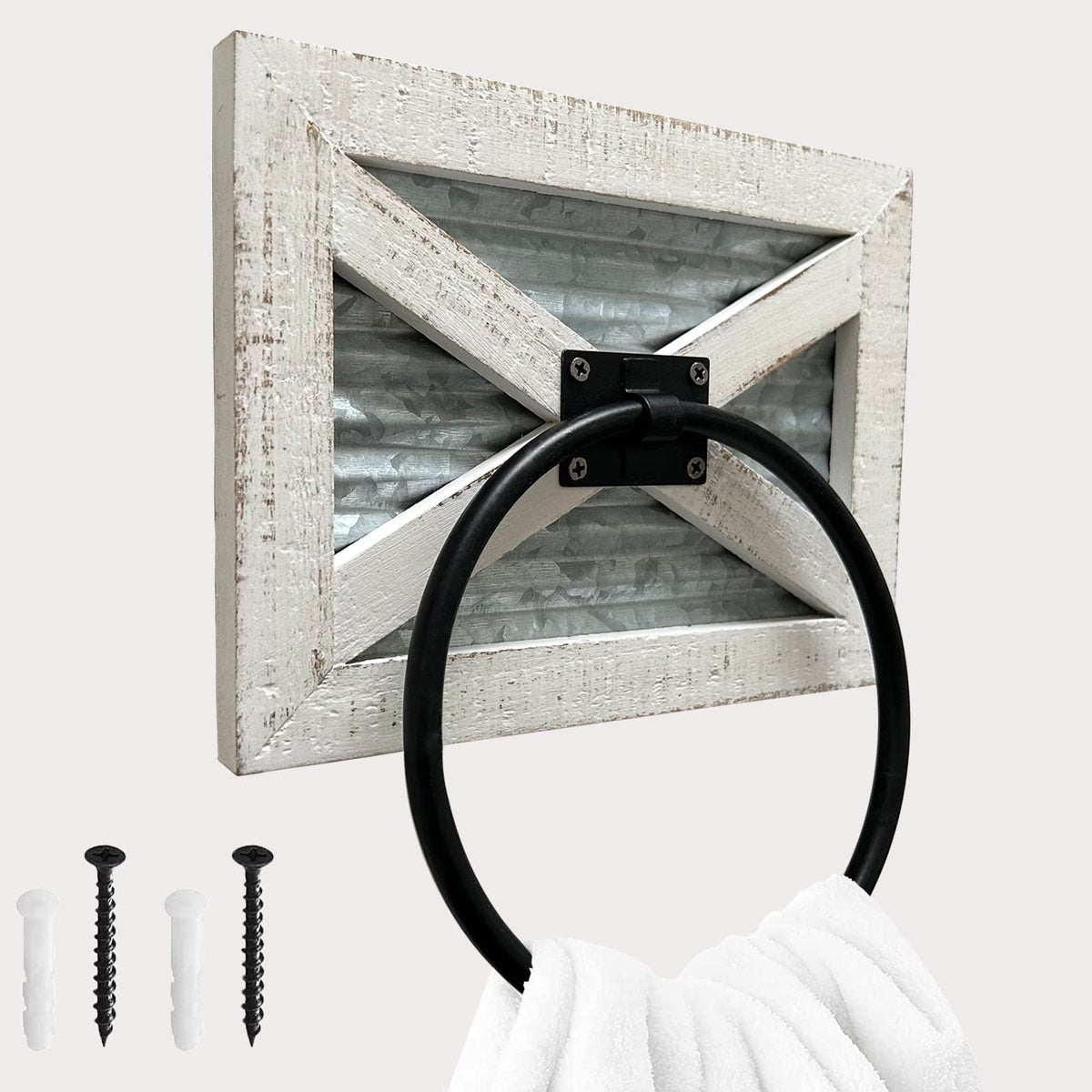 Farmhouse Bathroom Rustic Towel Ring With Galvanized Metal& Black Metal - Rustic Weathered White Wood Wall Mount Hand Towel Hold