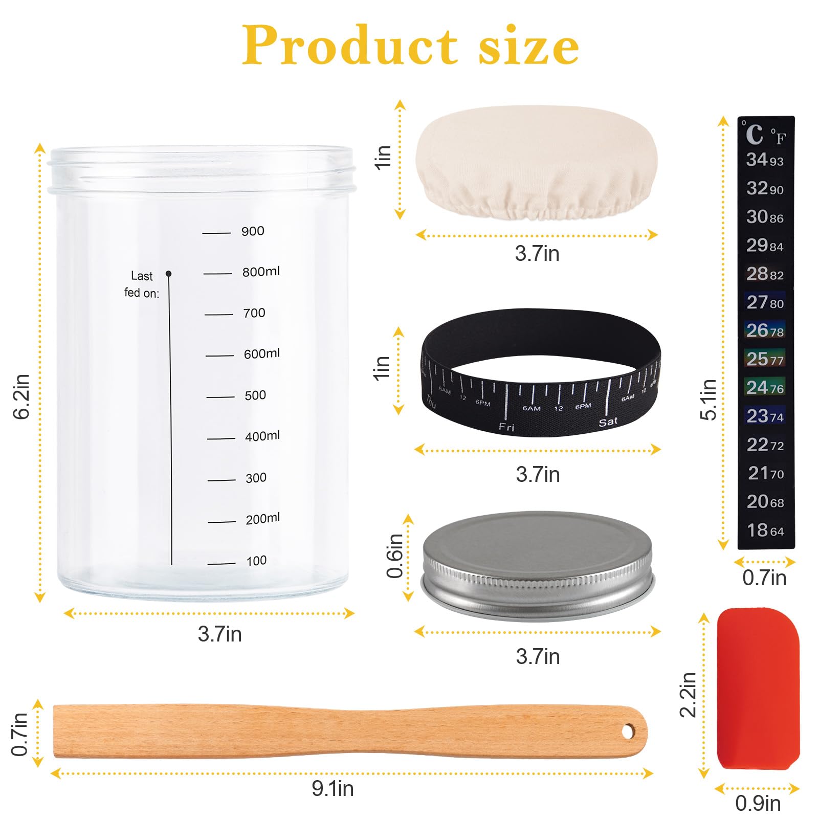 Tyniaide Sourdough Starter Jar Kit, 35 Oz Sourdough Starter Jar With Thermometer, Silicone Scraper, Cloth Cover And Lid. Reusabl