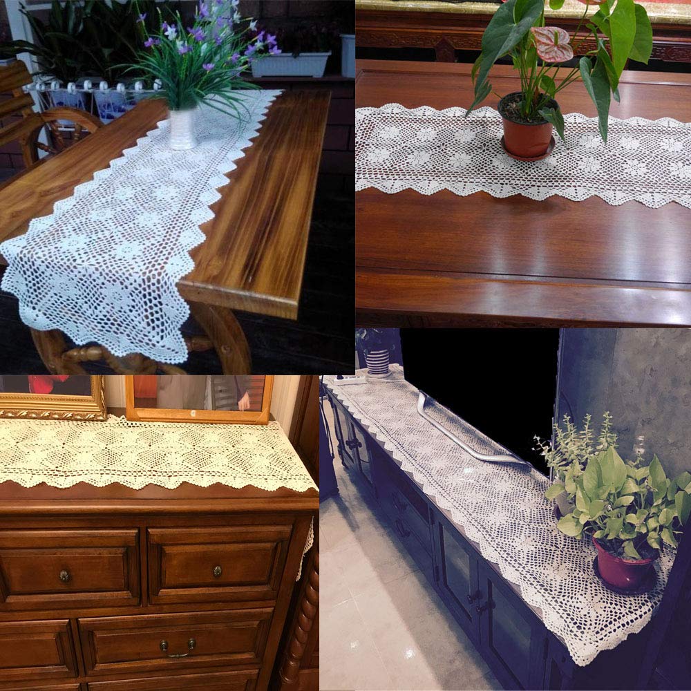 Kepswet 14X72 Inch White Cotton Crochet Lace Rectangular Table Runner Handmade Table Decoration