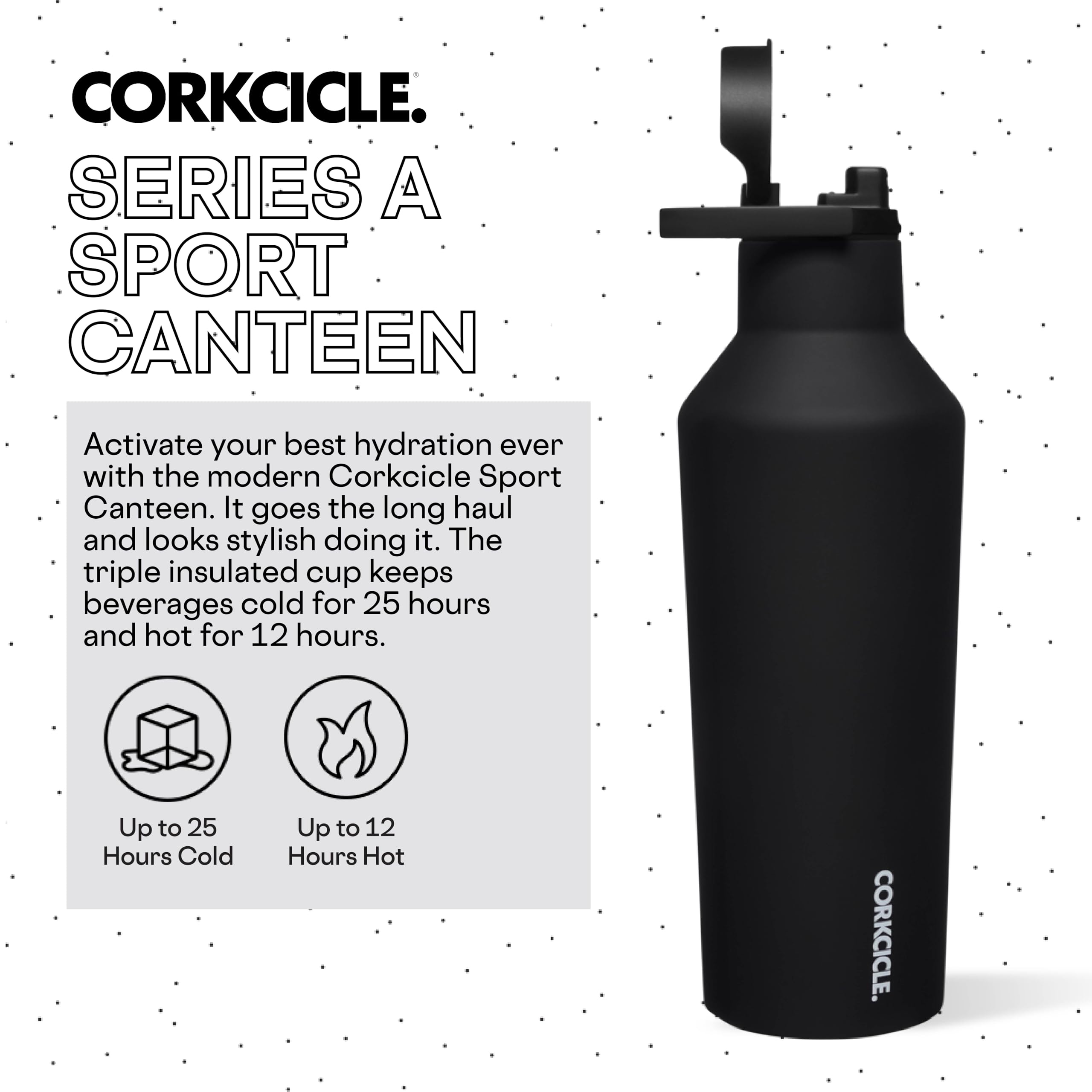 Corkcicle Sport Canteen Insulated Tumbler, Black, 32 Oz - Reusable Water Bottle Keeps Beverages Cold For 25 Hours & Hot 12 Hours