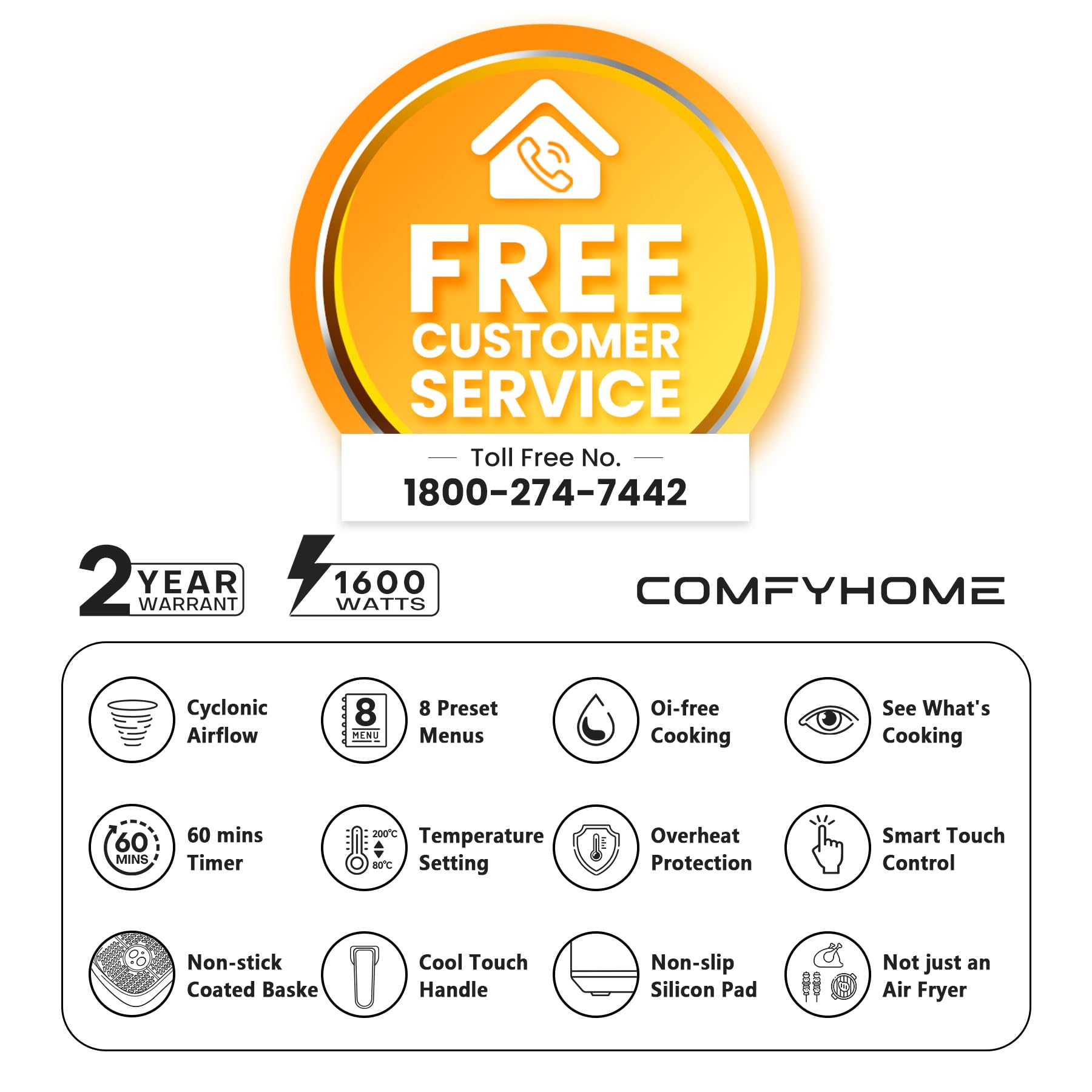 COMFYHOME Air Fryer for Home - 6.5L with Digital Touch Panel & Visual Window, Uses 95% Less Oil, 8 Pre-set Menu & Recipe, 1600W,