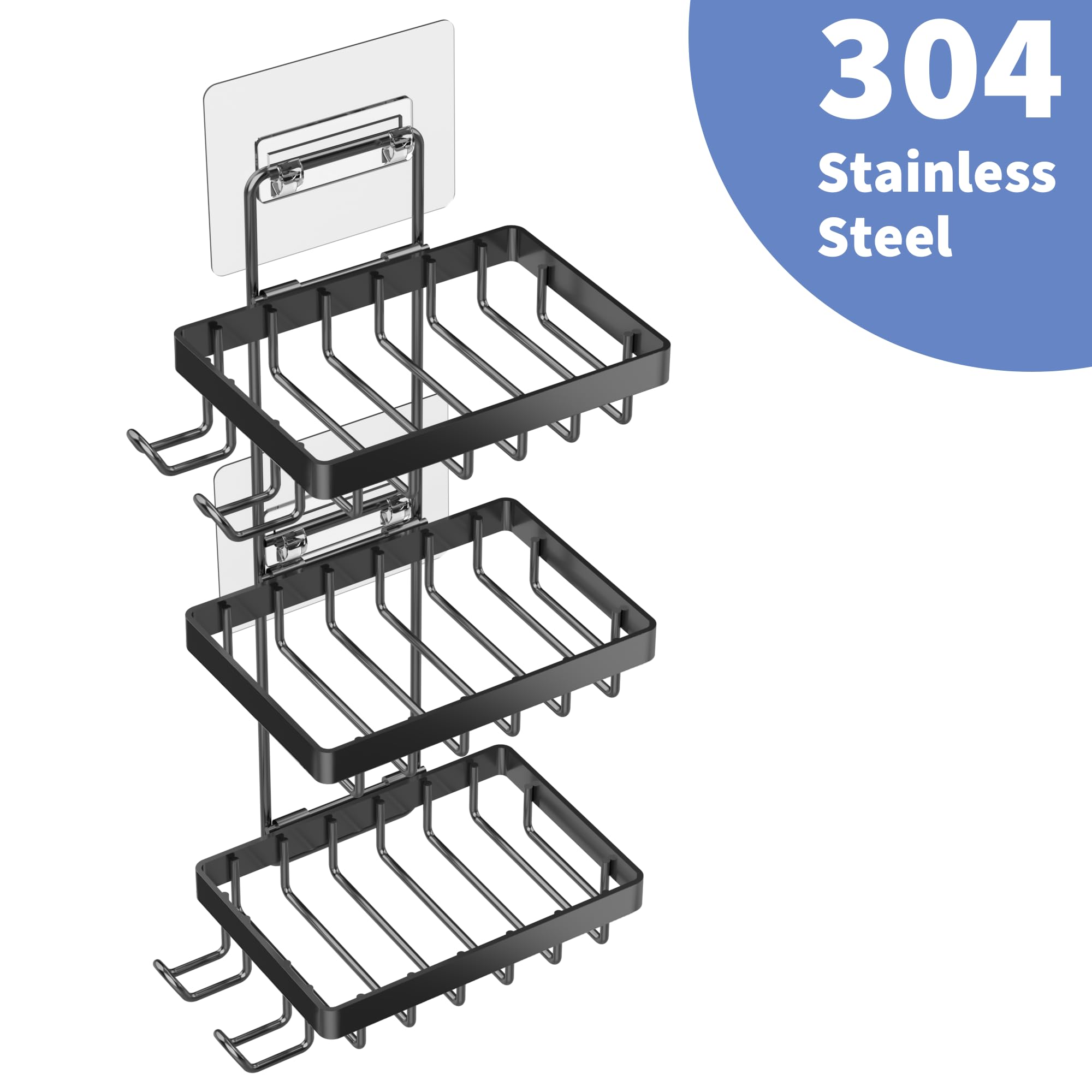 Moforoco Soap Dish Holder For Shower Wall, No Drilling, 3-Tier 304 Rustproof Stainless Steel, Soap Bar Holder With 4 Hooks And R