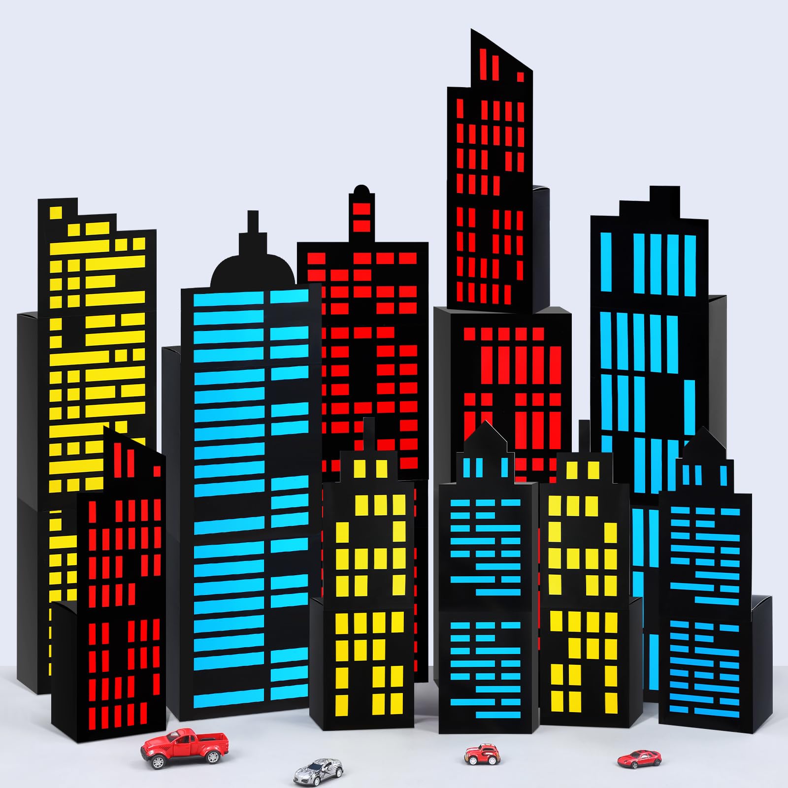 16 Pcs Halloween Hero Trunk or Treat Car Decorations Kit Party Favor Boxes with 10 Pcs Cards Skyscraper City Gift Box 3D City Bu