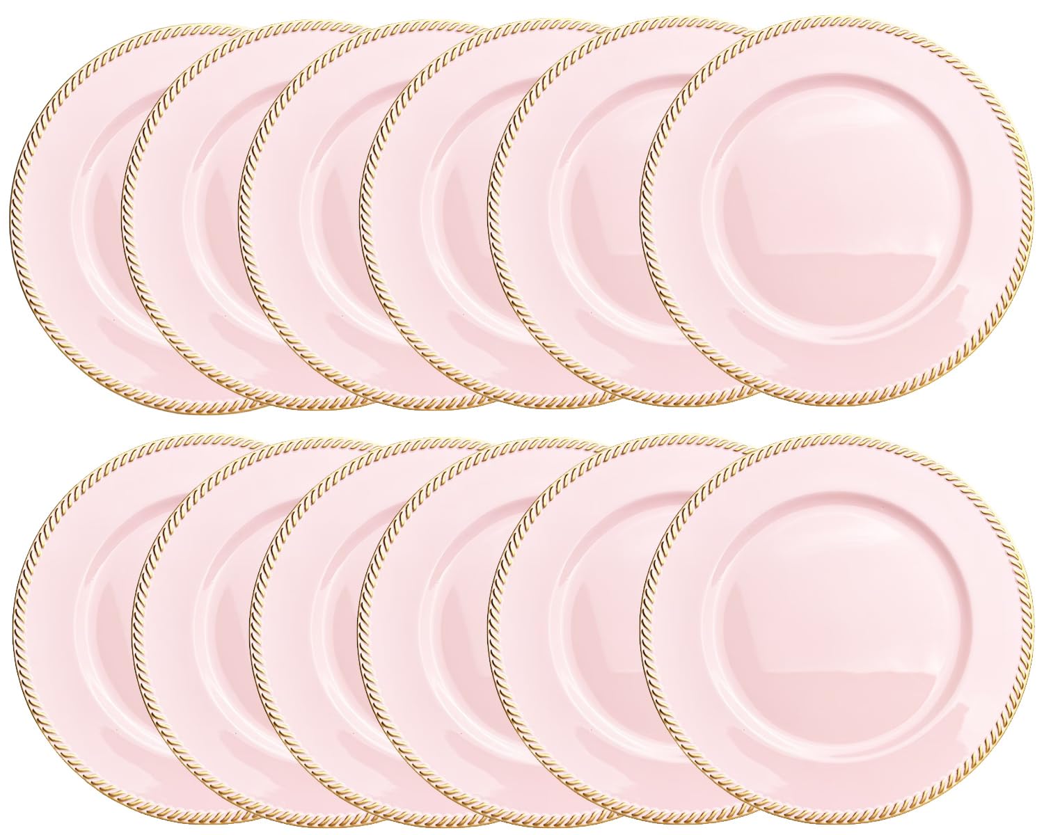 Umisriro 12 pcs Pink Charger Plates, 13 Inch Plastic Round Charger Plates for Dinner, Tabletop Decor, Wedding, Event Decoration.