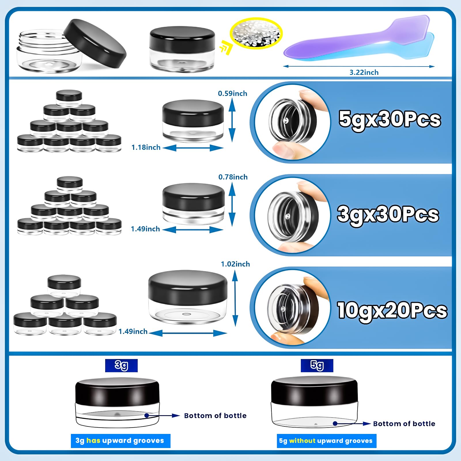 Motbach 80Pcs Small Travel Containers With Black Lids, 3 Size 3/5/10 Gram Makeup Travel Sample Containers, Small Sample Pot Jar