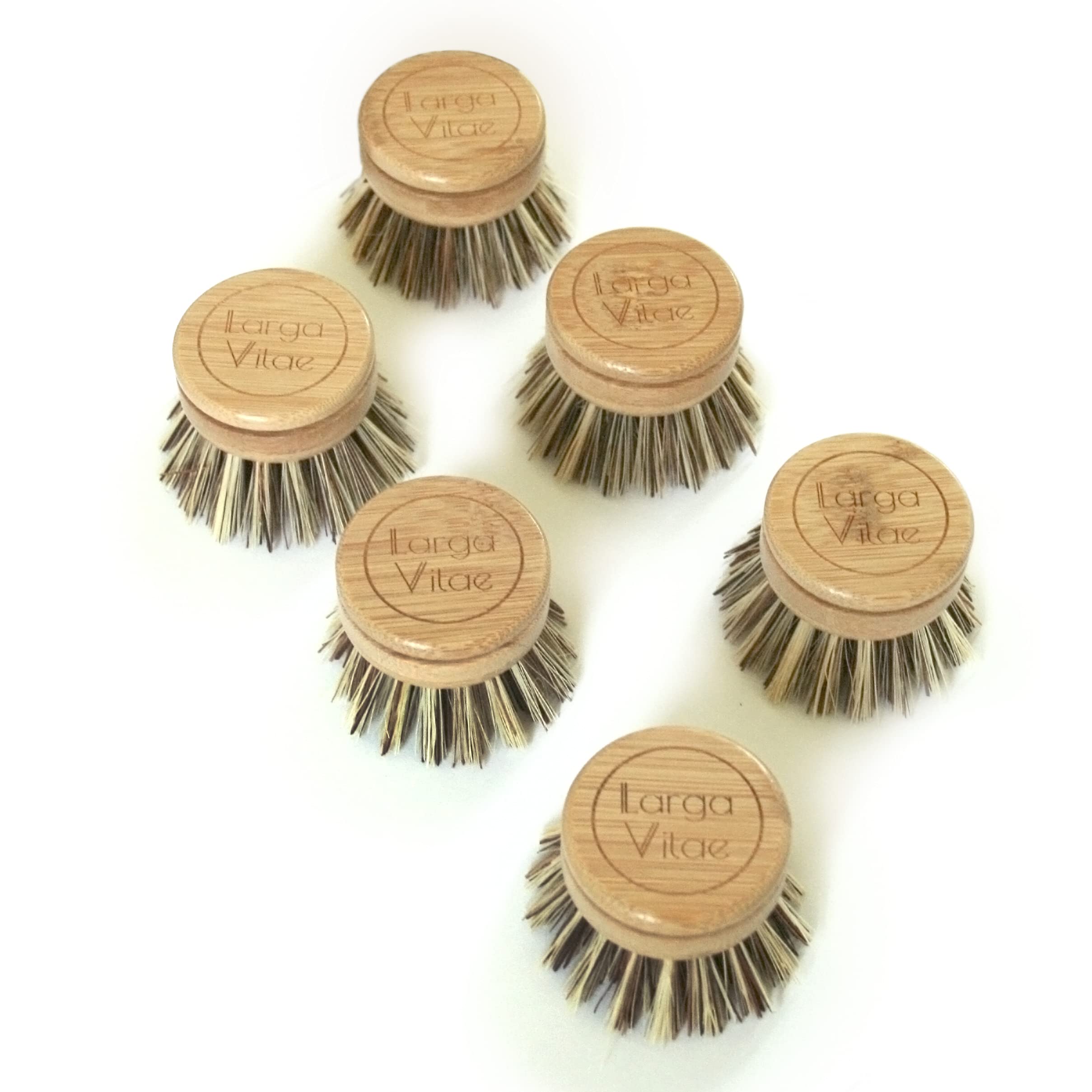 Larga Vitae 6 pcs Wooden Dish Brush Replacement Heads Made of Renewable Bamboo Wood and Natural Bristle Fiber, Durable, Long Las