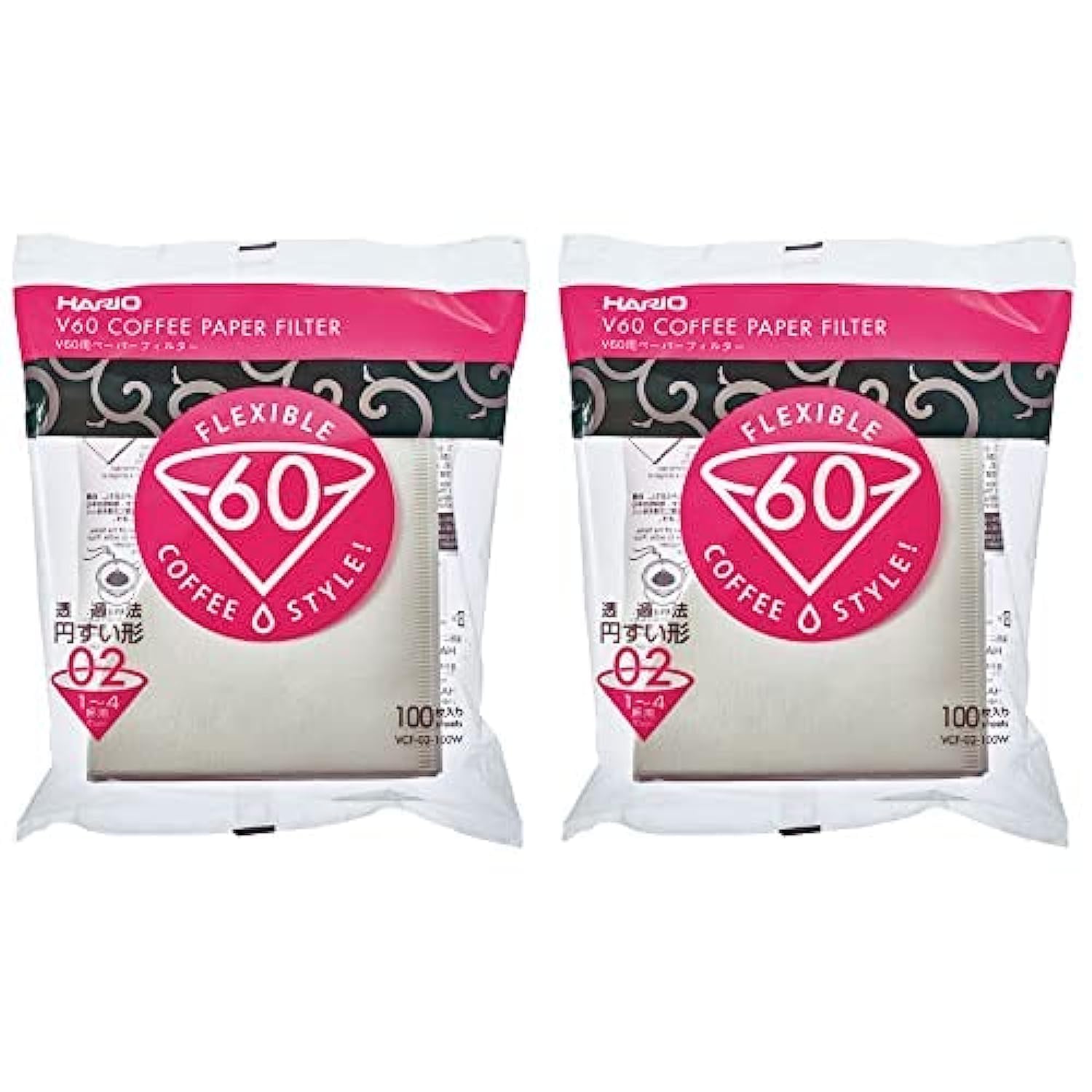 Hario V60 Paper Coffee Filters Single Use Pour Over Cone Filters Size 02 White, 100 Count, 2-Pack