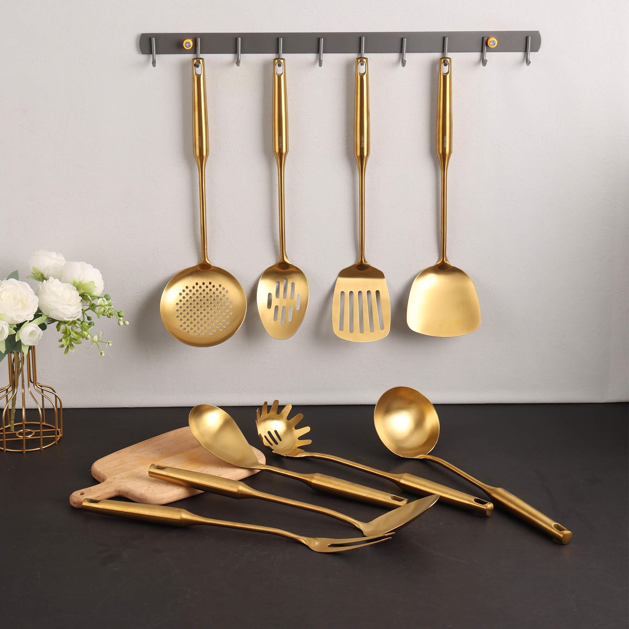 Gold Kitchen Utensils Set - 9 Pcs 304 Stainless Steel All Metal Cooking Tools, 15'' Long Serving Utensils With Fork, Solid/Slott
