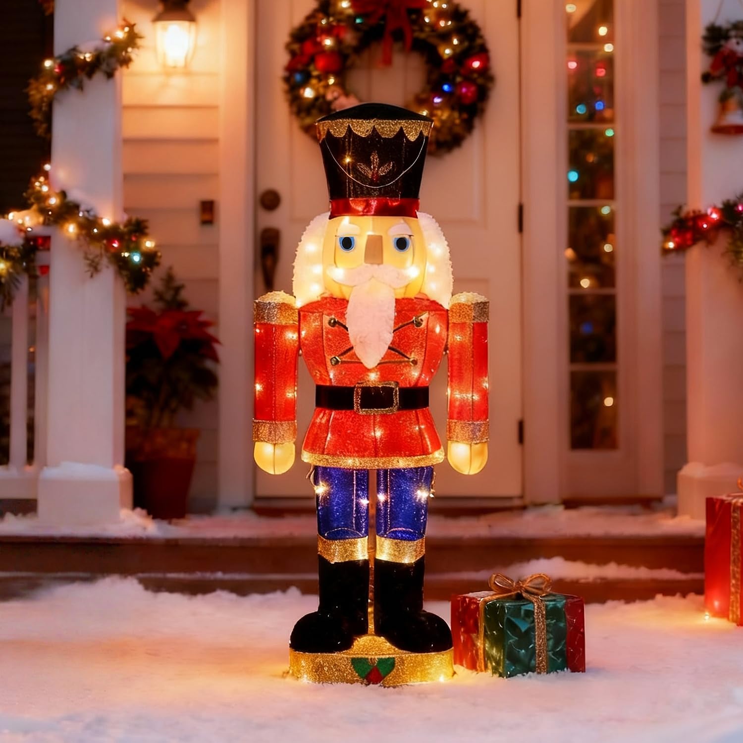 Hausse Lighted Christmas Outdoor Decor, 37.5  Height Pre-Lit 3D Tinsel Xmas Nutcracker Soldier Figure, Light Up Xmas Yard Displa