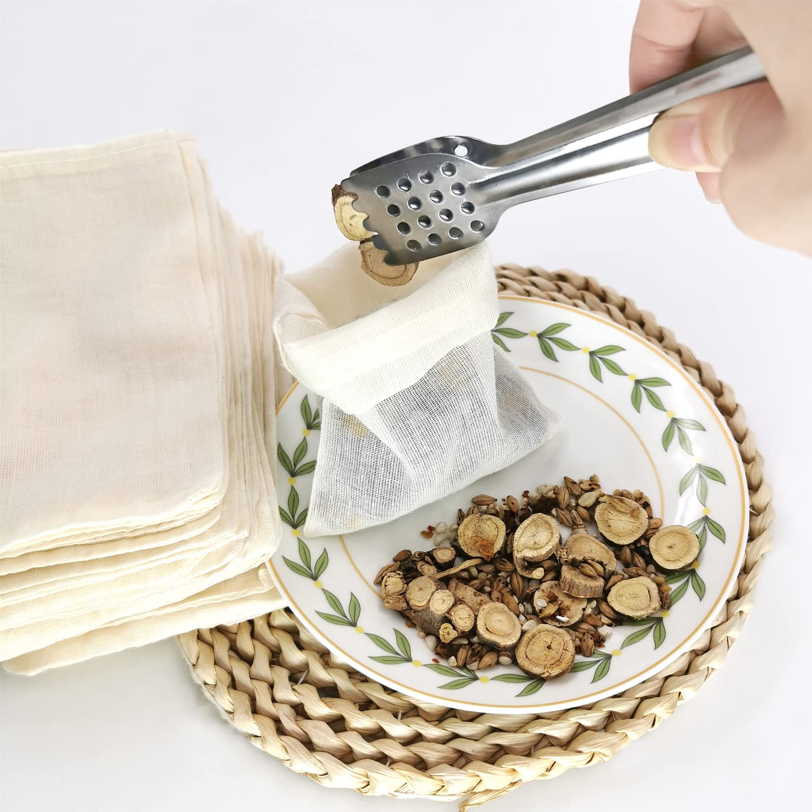 Snail Garden 55Pack Reusable Drawstring Bags For Cooking, Soup Gravy Broth Stew Bags With 1 Squeezer Tong, Cheesecloth Spice Bag