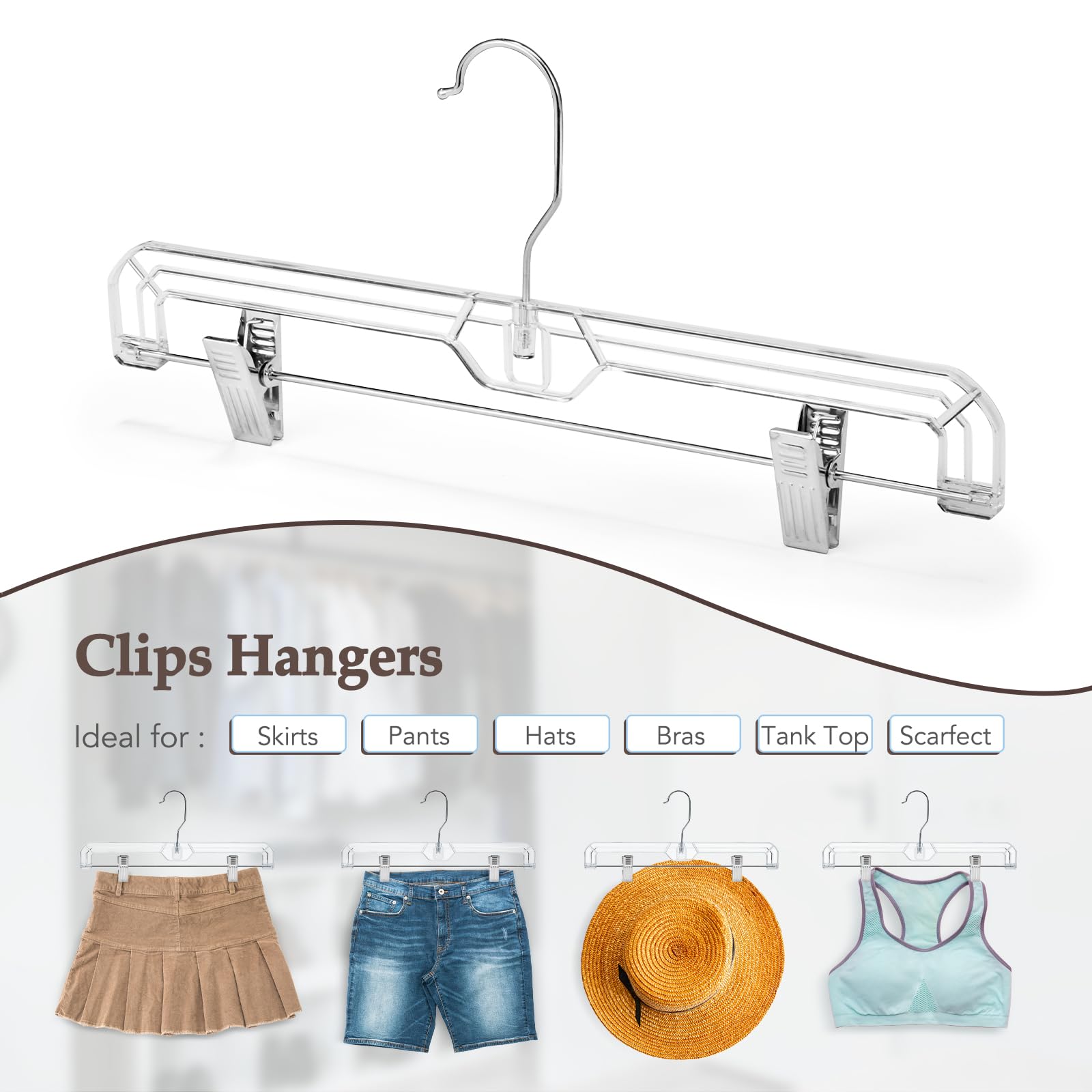 HOUSE DAY 25 Pack Clear Pants Hangers with Clips  Non-Slip with Adjustable Heavy Duty Slim Plastic Hangers 14'' 360-Rotating Swivel Hook  Clip Hangers for Trousers  Skirts