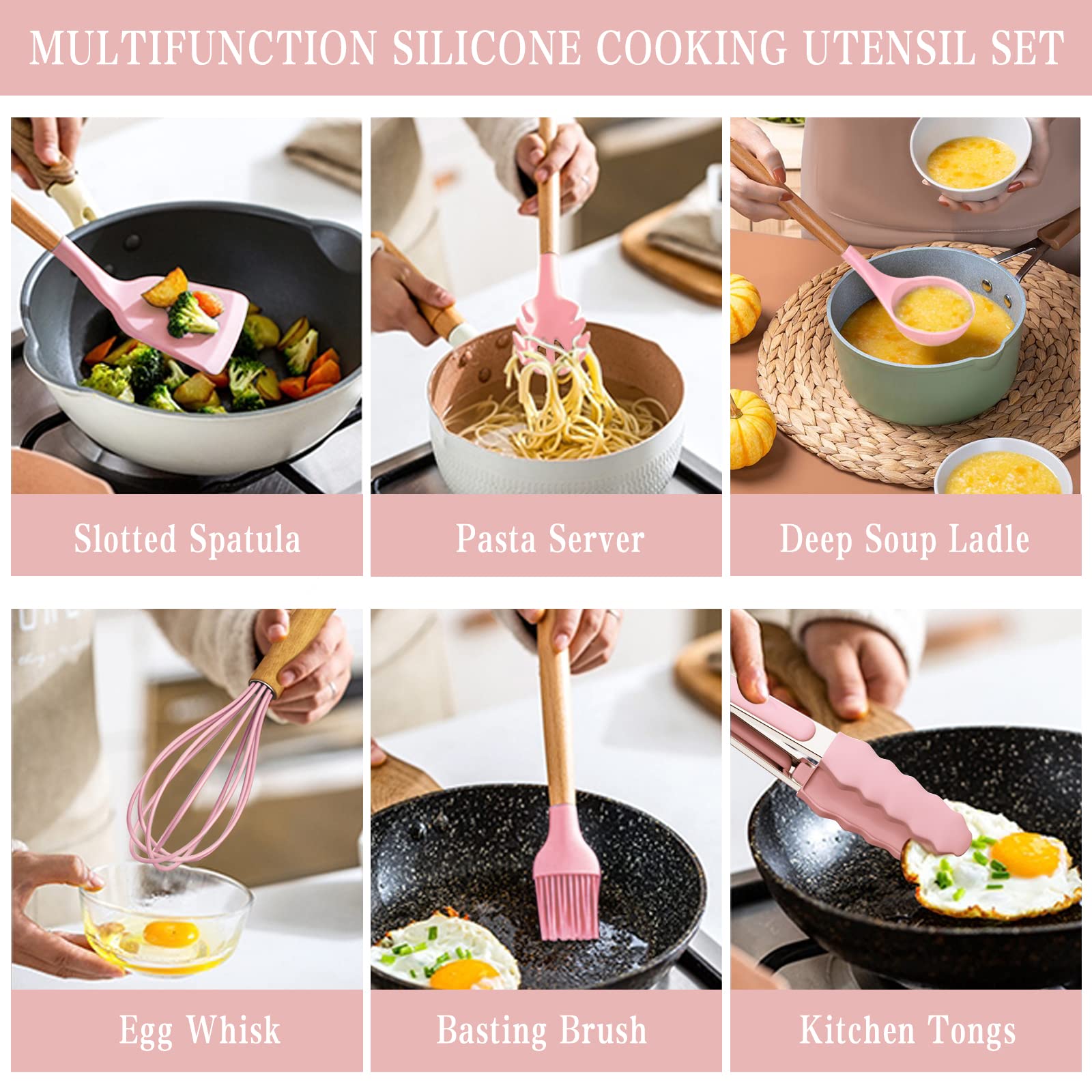 Kitchen Cooking Utensils Set, Umite Chef 33 Pcs Non-Stick Silicone Cooking Spatula Set With Holder, Wooden Handle Silicone Kitch